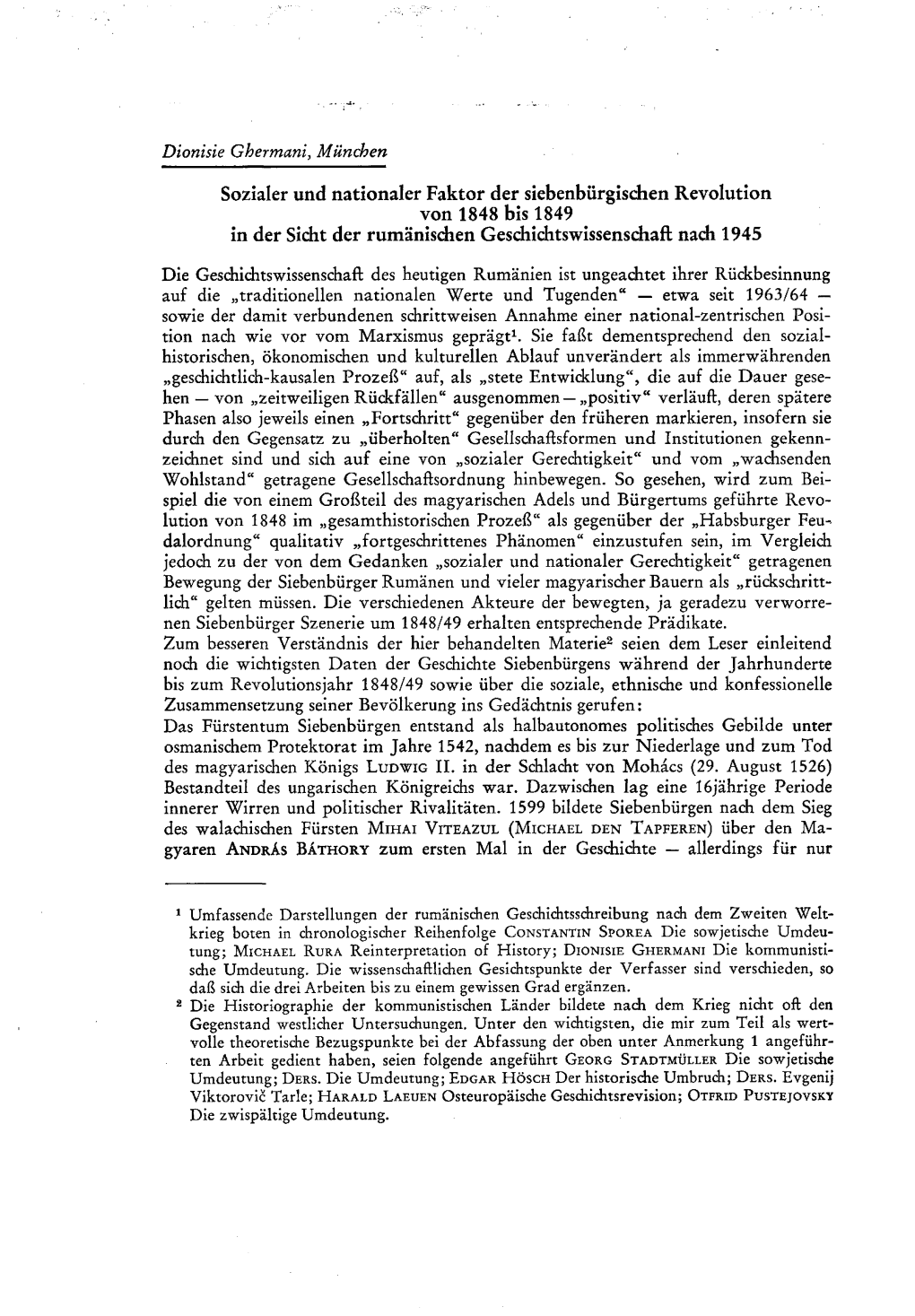 Sozialer Und Nationaler Faktor Der Siebenbürgischen Revolution Von 1848 Bis 1849 in Der Sicht Der Rumänischen Geschichtswissenschaft Nach 1945