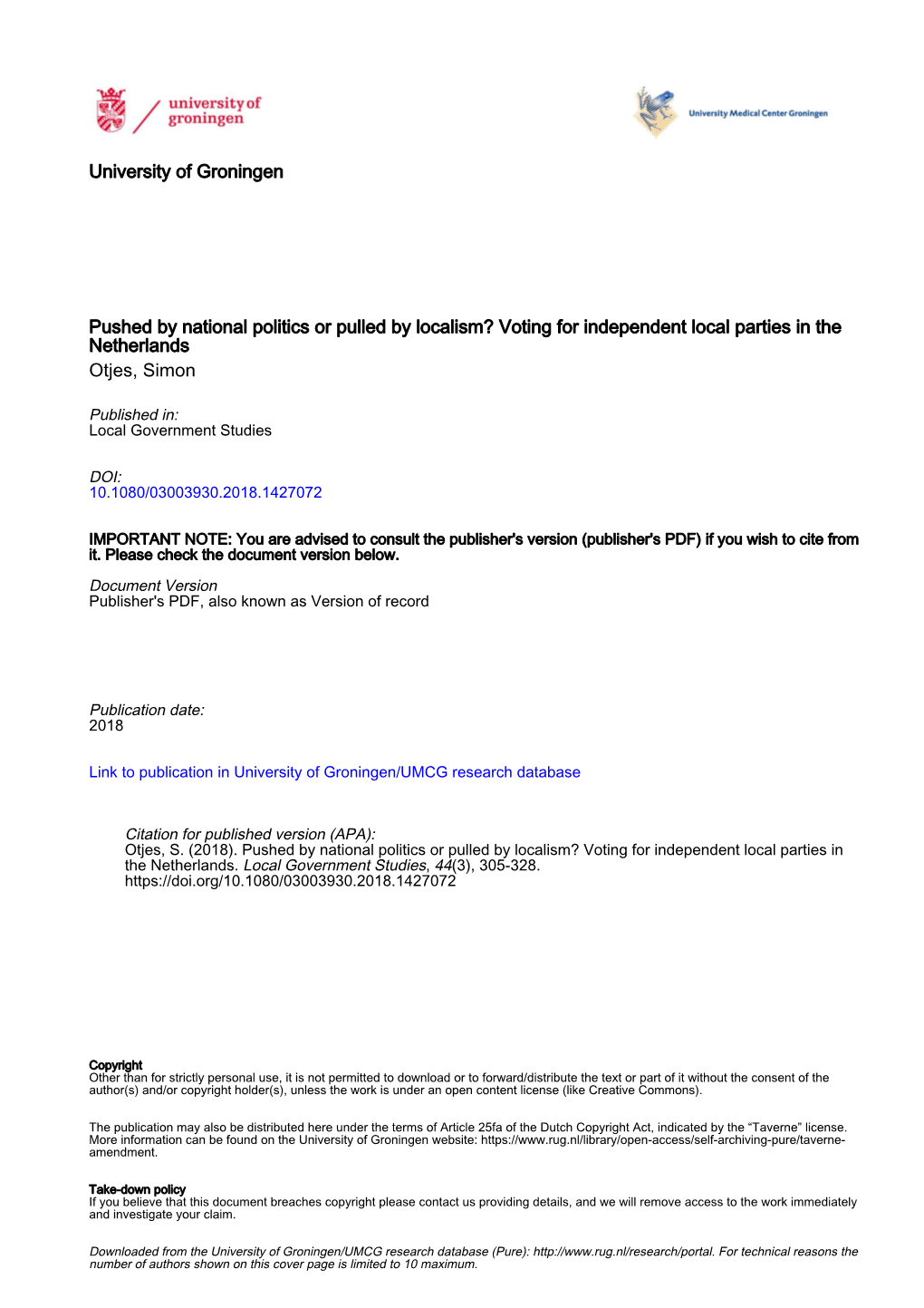 Pushed by National Politics Or Pulled by Localism? Voting for Independent Local Parties in the Netherlands Otjes, Simon