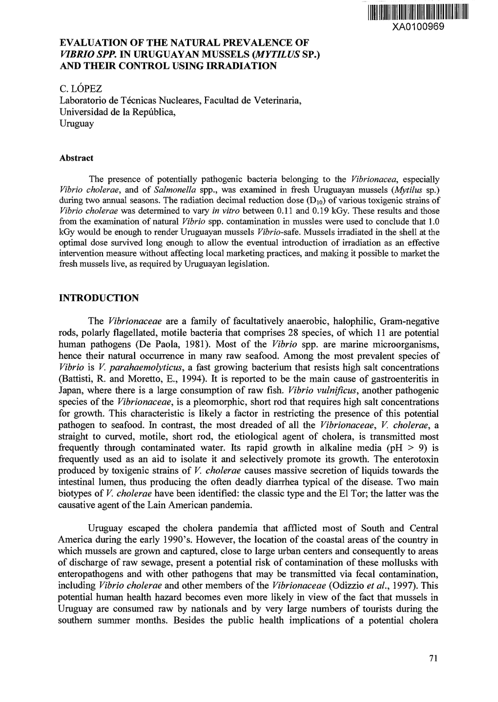 Evaluation of the Natural Prevalence of Vibrio Spp. in Uruguayan Mussels