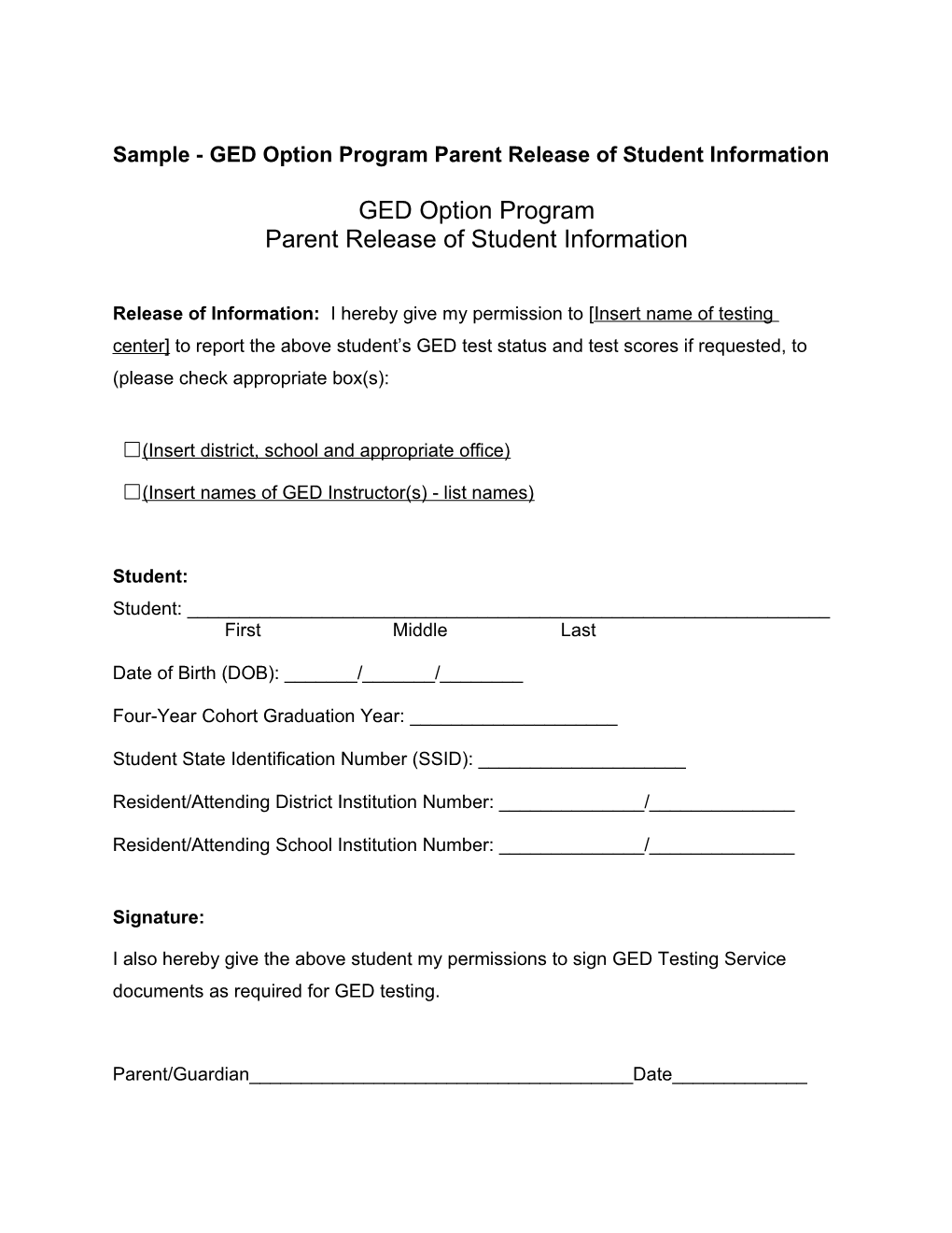 Sample - GED Option Program Parent Release of Student Information