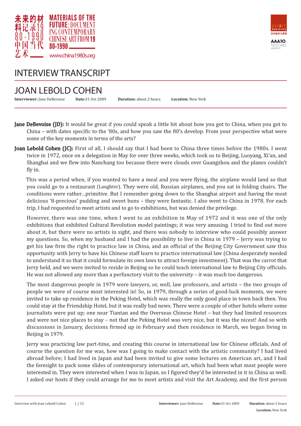 Joan Lebold Cohen Interview Transcript