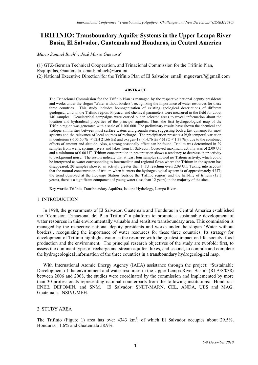 TRIFINIO: Transboundary Aquifer Systems in the Upper Lempa River Basin, El Salvador, Guatemala and Honduras, in Central America