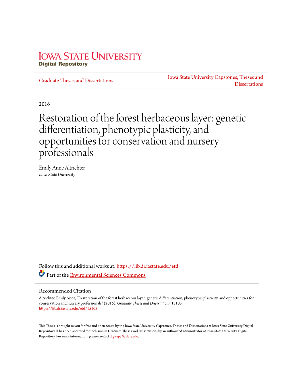 Restoration of the Forest Herbaceous Layer: Genetic Differentiation