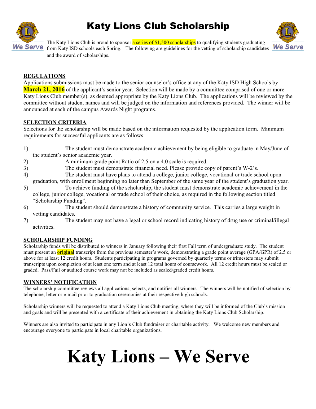 Katy Lions Club Scholarship