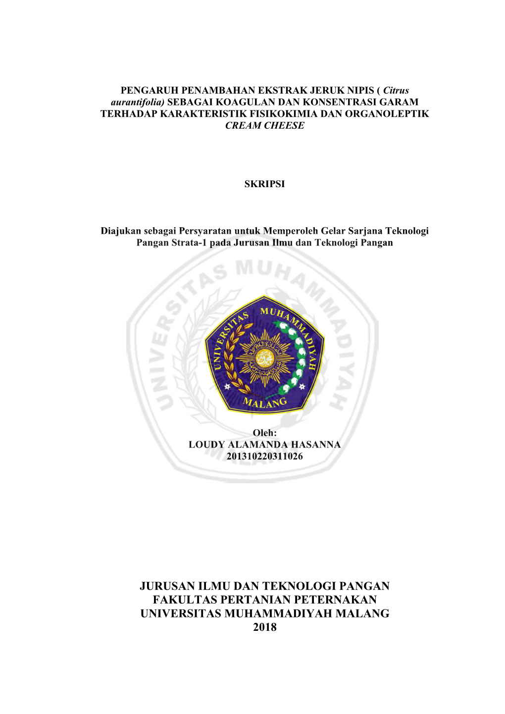 Jurusan Ilmu Dan Teknologi Pangan Fakultas Pertanian Peternakan Universitas Muhammadiyah Malang 2018 Halaman Pengesahan