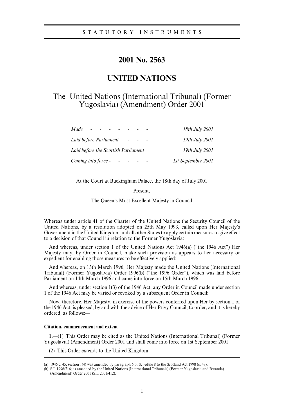 International Tribunal) (Former Yugoslavia) (Amendment) Order 2001