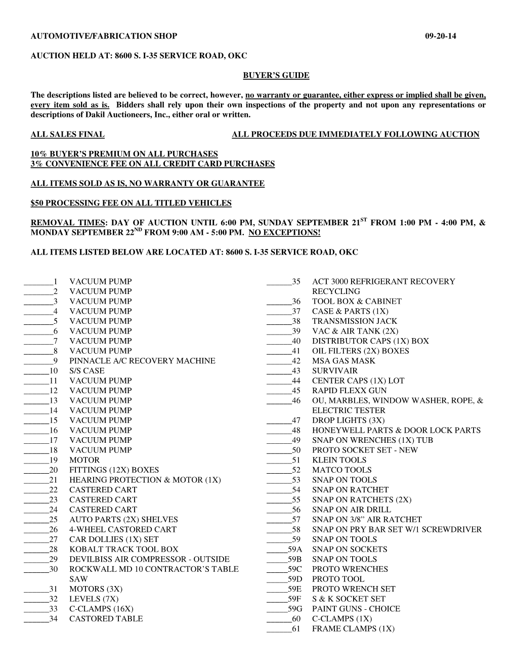 Automotive/Fabrication Shop 09-20-14 Auction Held At: 8600