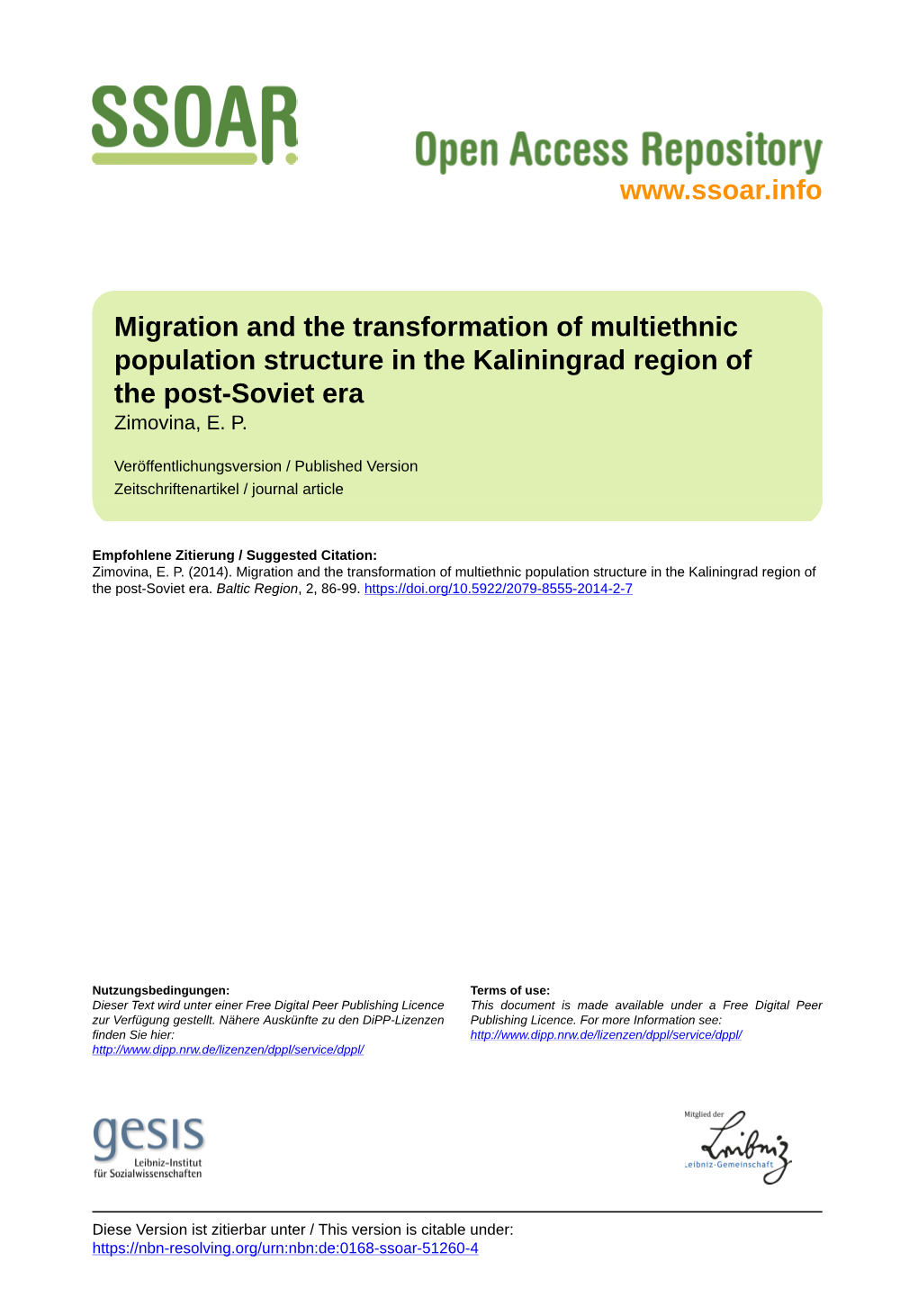 Migration and the Transformation of Multiethnic Population Structure in the Kaliningrad Region of the Post-Soviet Era Zimovina, E