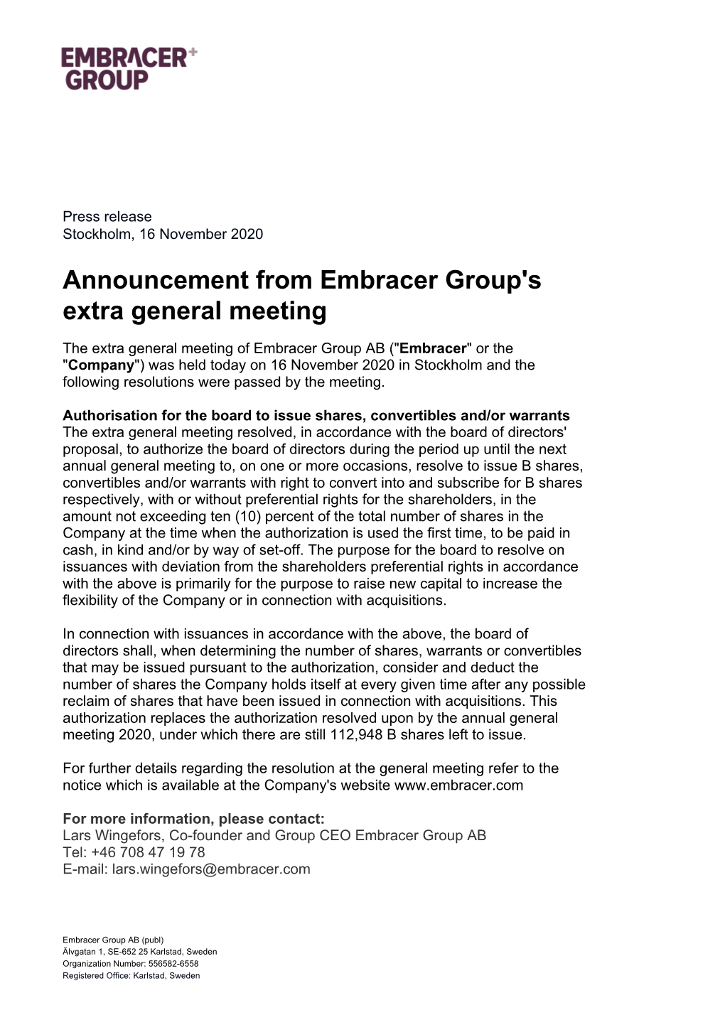 Announcement from Embracer Group's Extra General Meeting