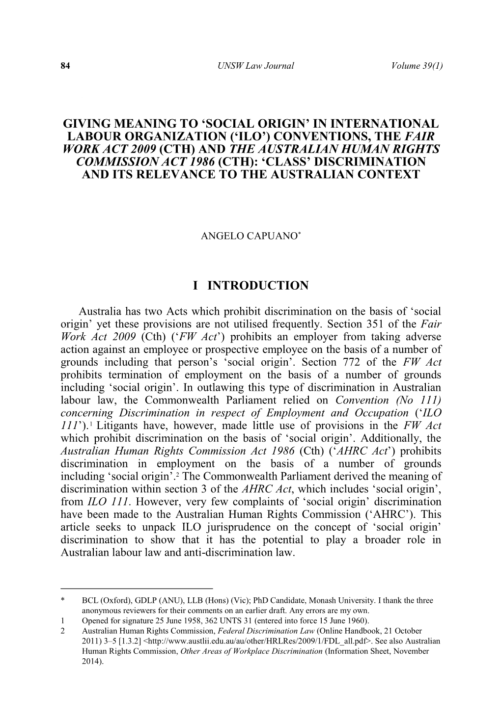 'Ilo') Conventions, the Fair Work Act 2009 (Cth