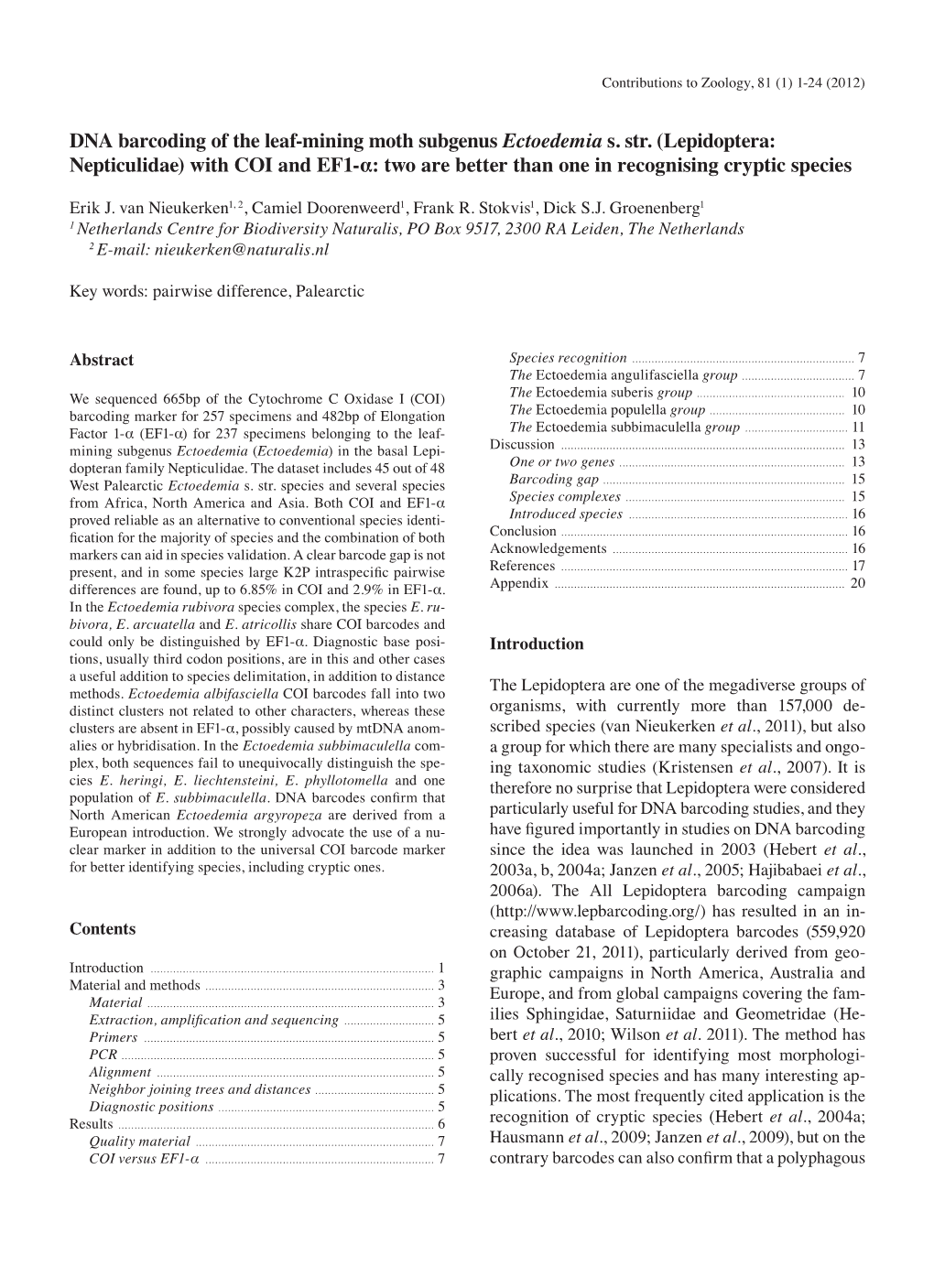 DNA Barcoding of the Leaf-Mining Moth Subgenus Ectoedemia S. Str