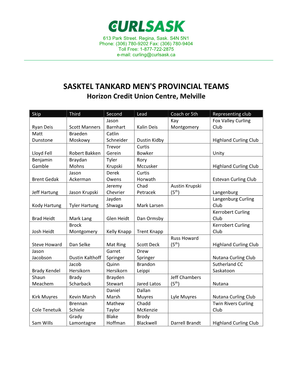 SASKTEL TANKARD MEN's PROVINCIAL TEAMS Horizon Credit Union Centre, Melville