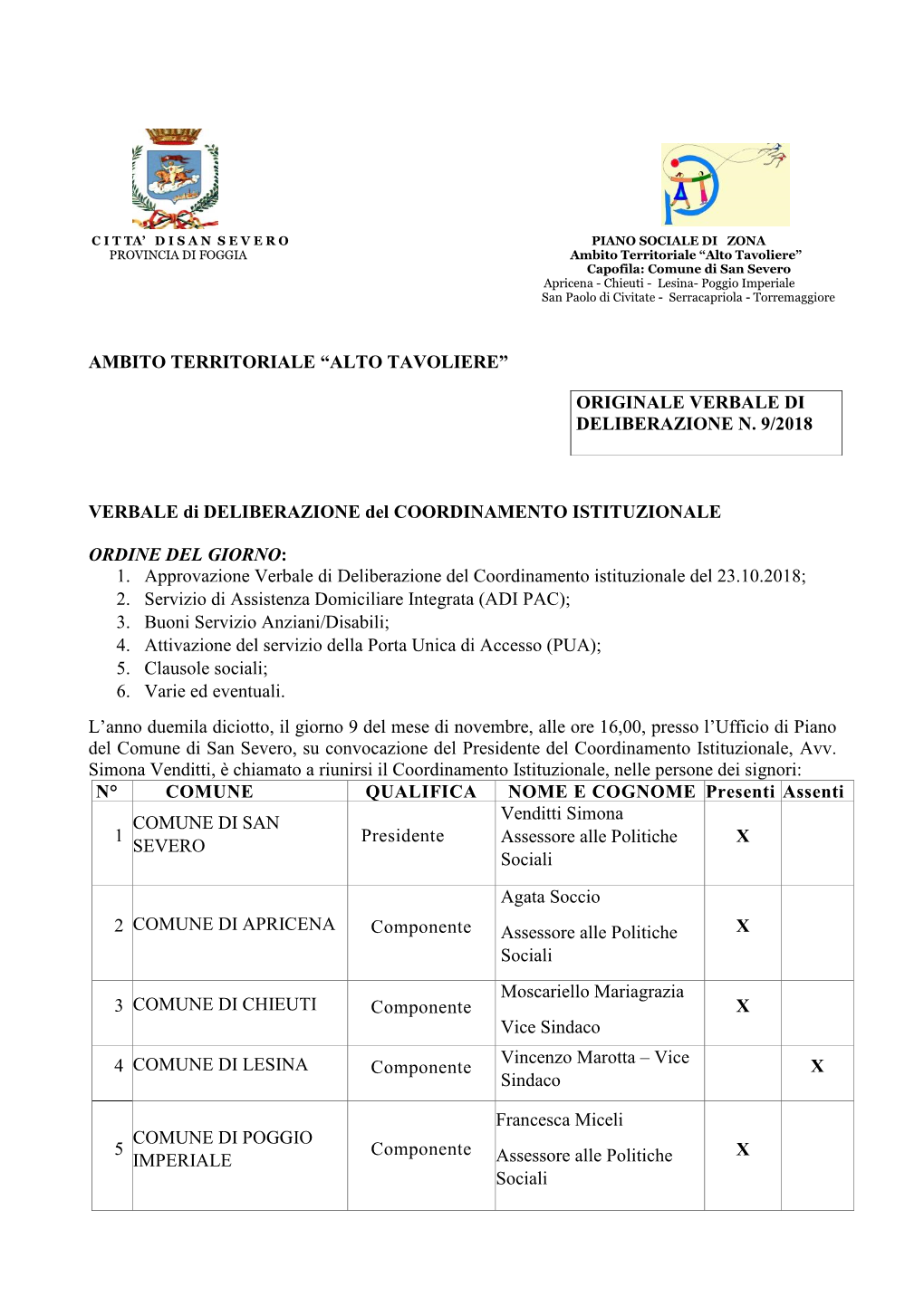 VERBALE Di DELIBERAZIONE Del COORDINAMENTO ISTITUZIONALE