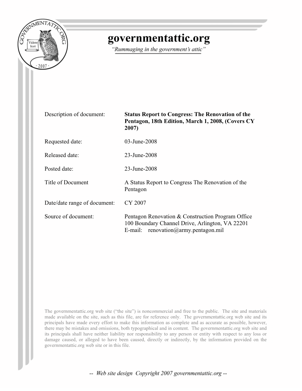 Status Report to Congress: the Renovation of the Pentagon, 18Th Edition, March 1, 2008, (Covers CY 2007)