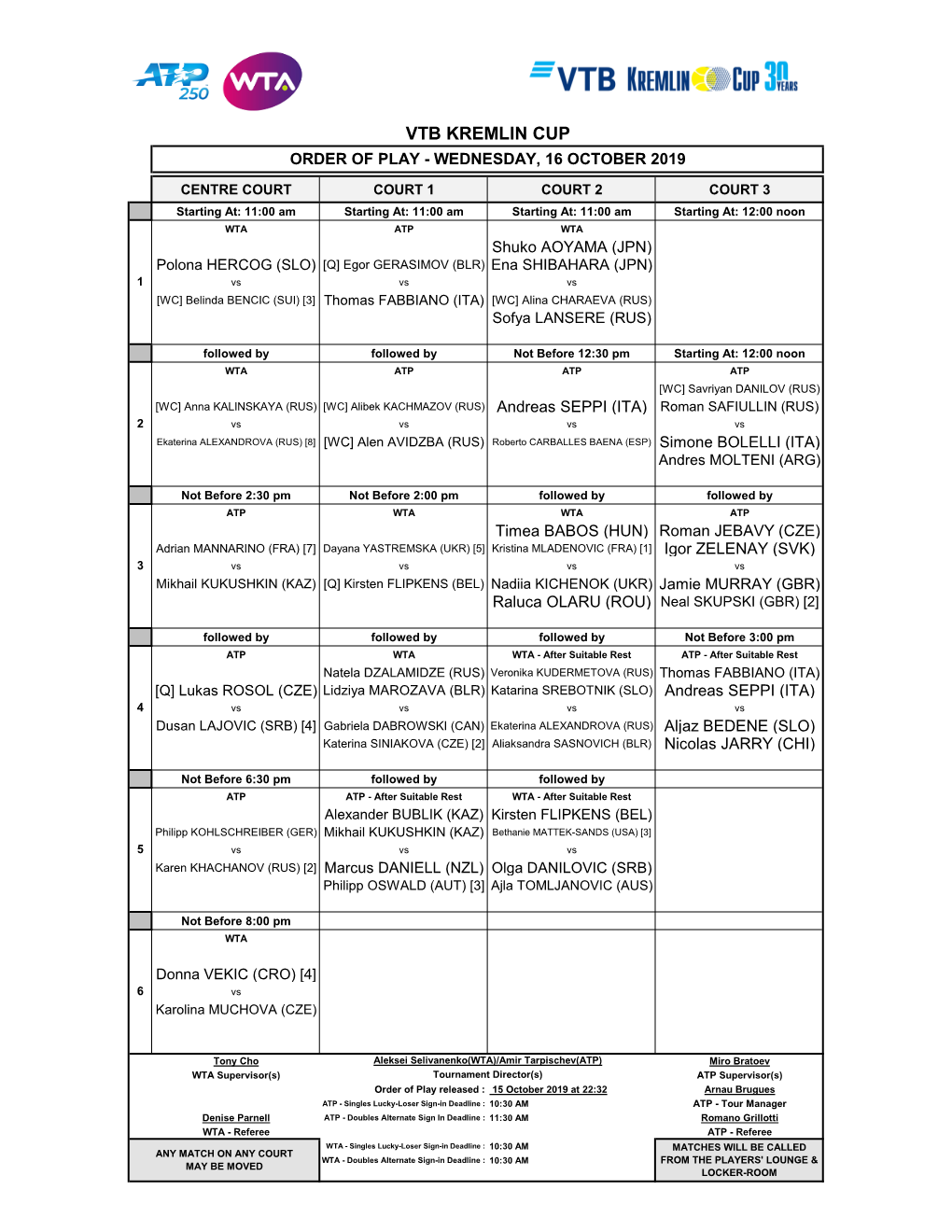 Vtb Kremlin Cup Order of Play - Wednesday, 16 October 2019