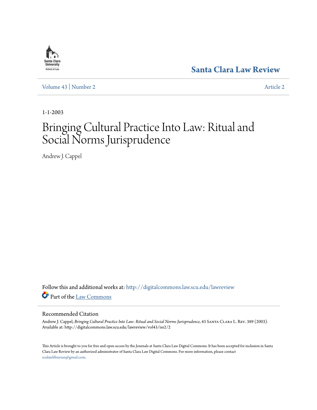 Bringing Cultural Practice Into Law: Ritual and Social Norms Jurisprudence Andrew J