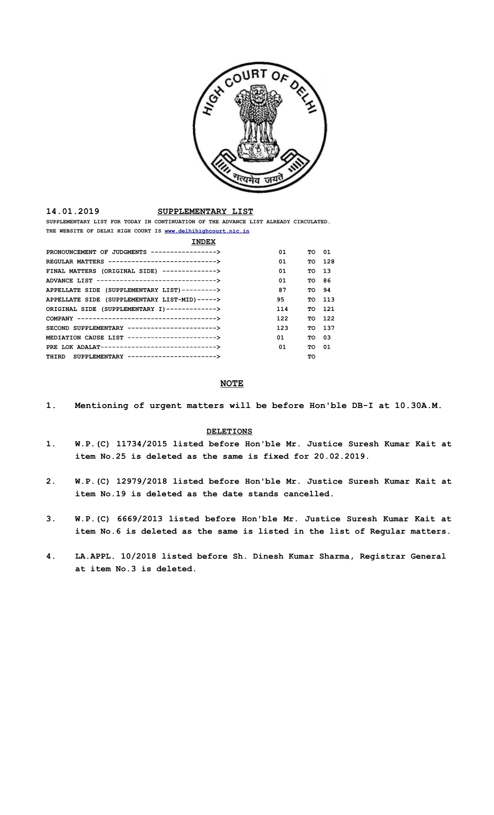 14.01.2019 SUPPLEMENTARY LIST 1. Mentioning of Urgent Matters Will