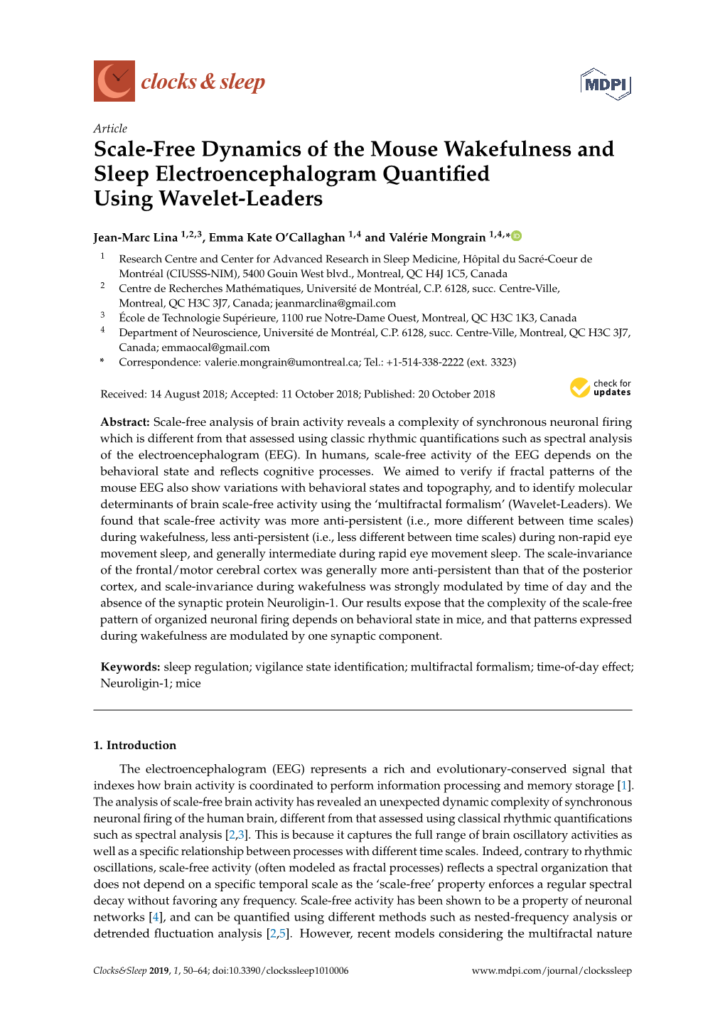 Scale-Free Dynamics of the Mouse Wakefulness and Sleep Electroencephalogram Quantiﬁed Using Wavelet-Leaders