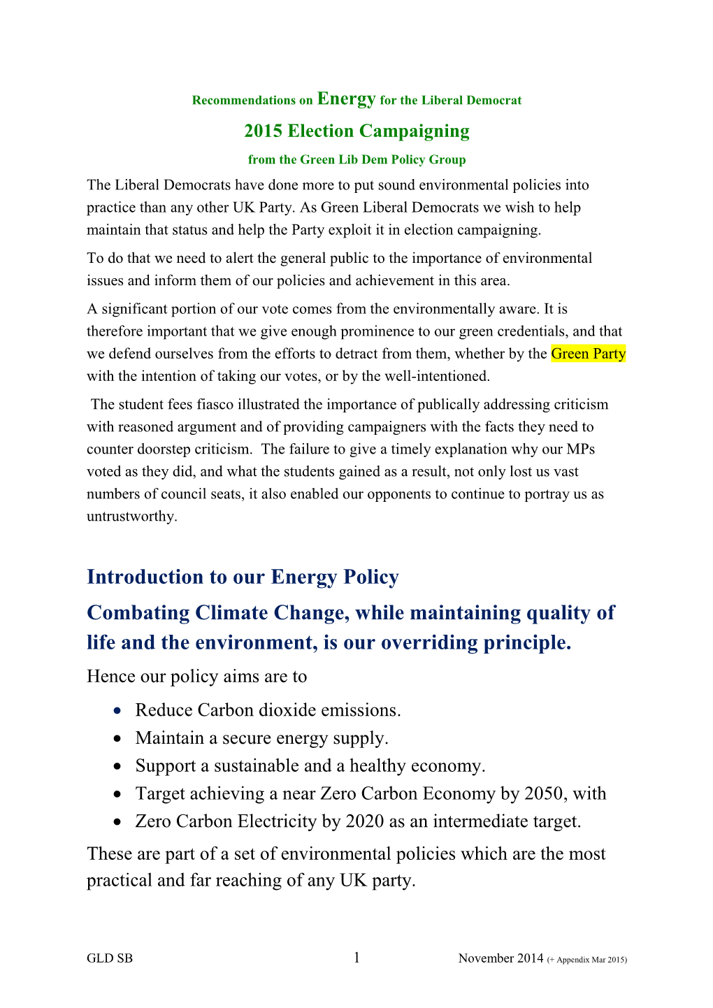 Recommendations on Energy for the Liberal Democrat