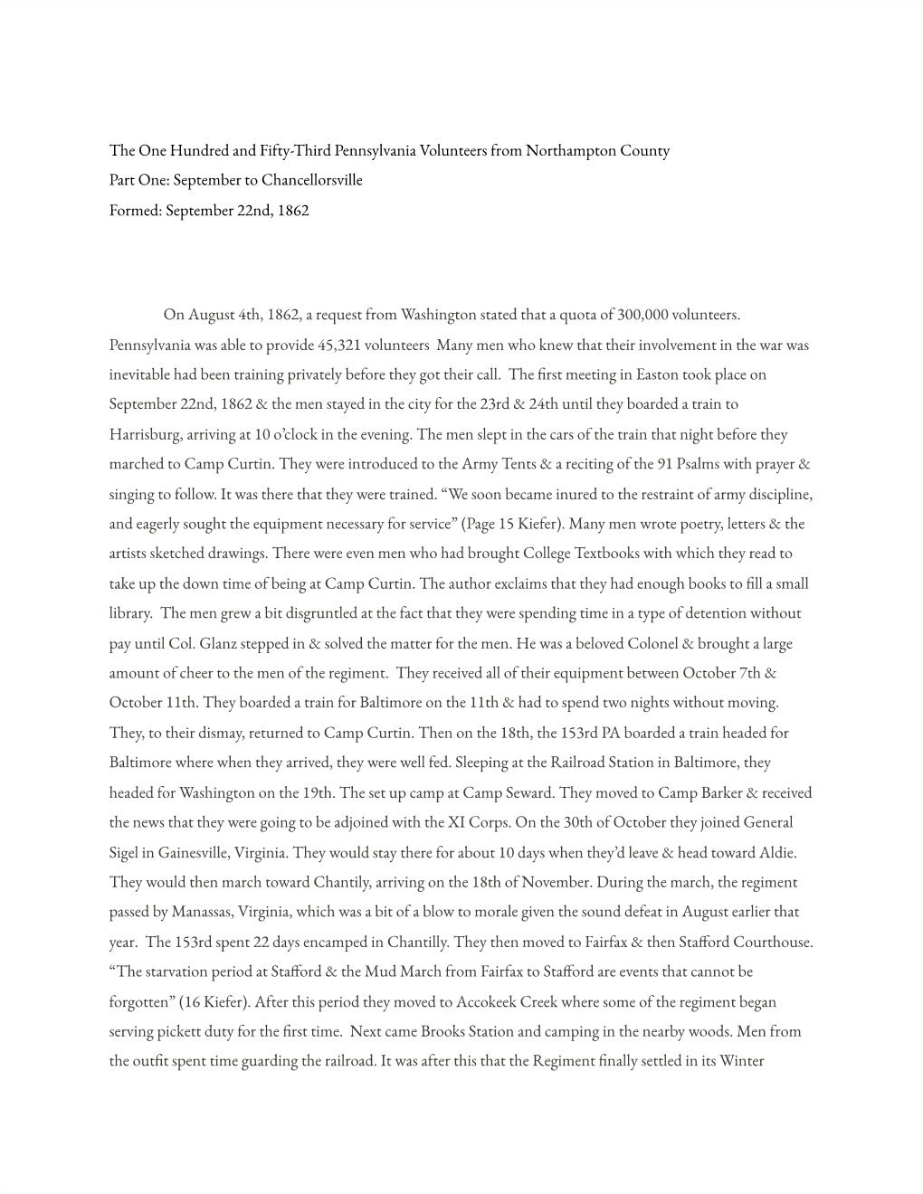 The One Hundred and Fifty-Third Pennsylvania Volunteers from Northampton County Part One: September to Chancellorsville Formed: September 22Nd, 1862