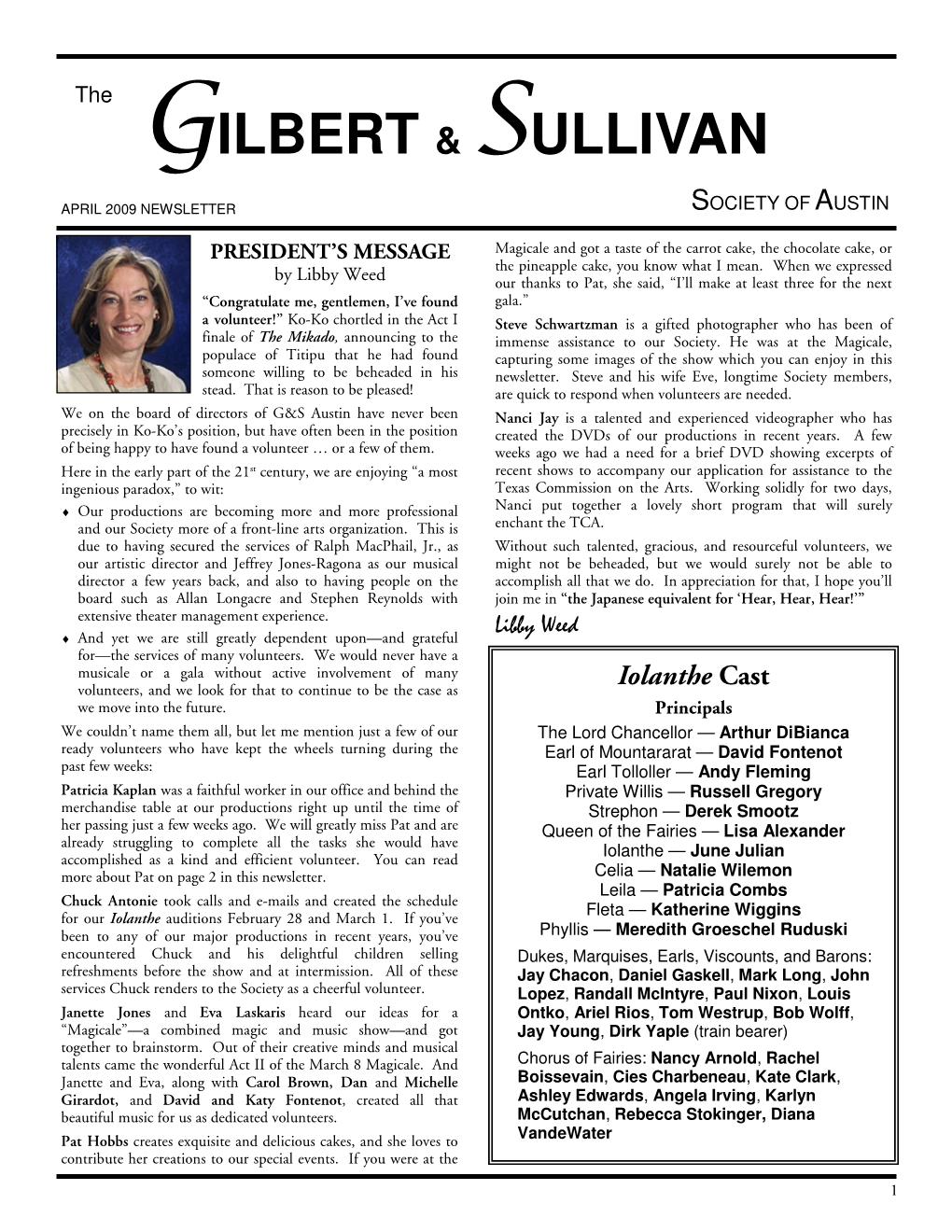 April 2009 Newsletter Society of Austin