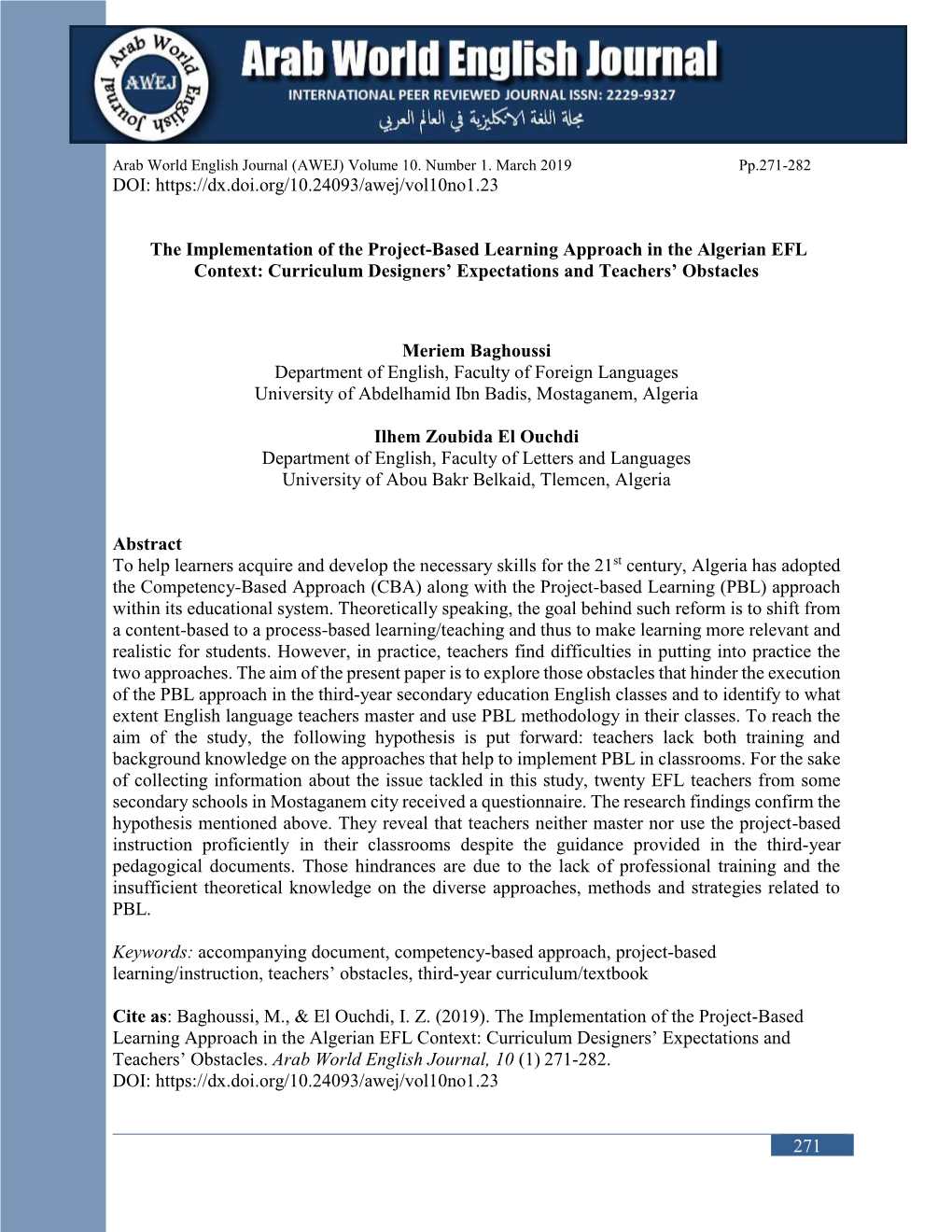 The Implementation of the Project-Based Learning Approach in the Algerian EFL Context: Curriculum Designers’ Expectations and Teachers’ Obstacles