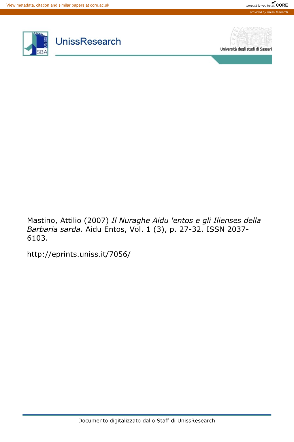 Mastino, Attilio (2007) Il Nuraghe Aidu 'Entos E Gli Ilienses Della Barbaria Sarda