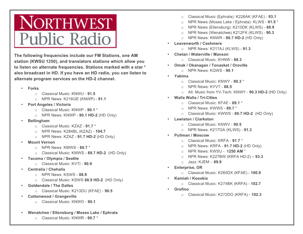 (KWSU 1250), and Translators Stations Which Allow You to Liste