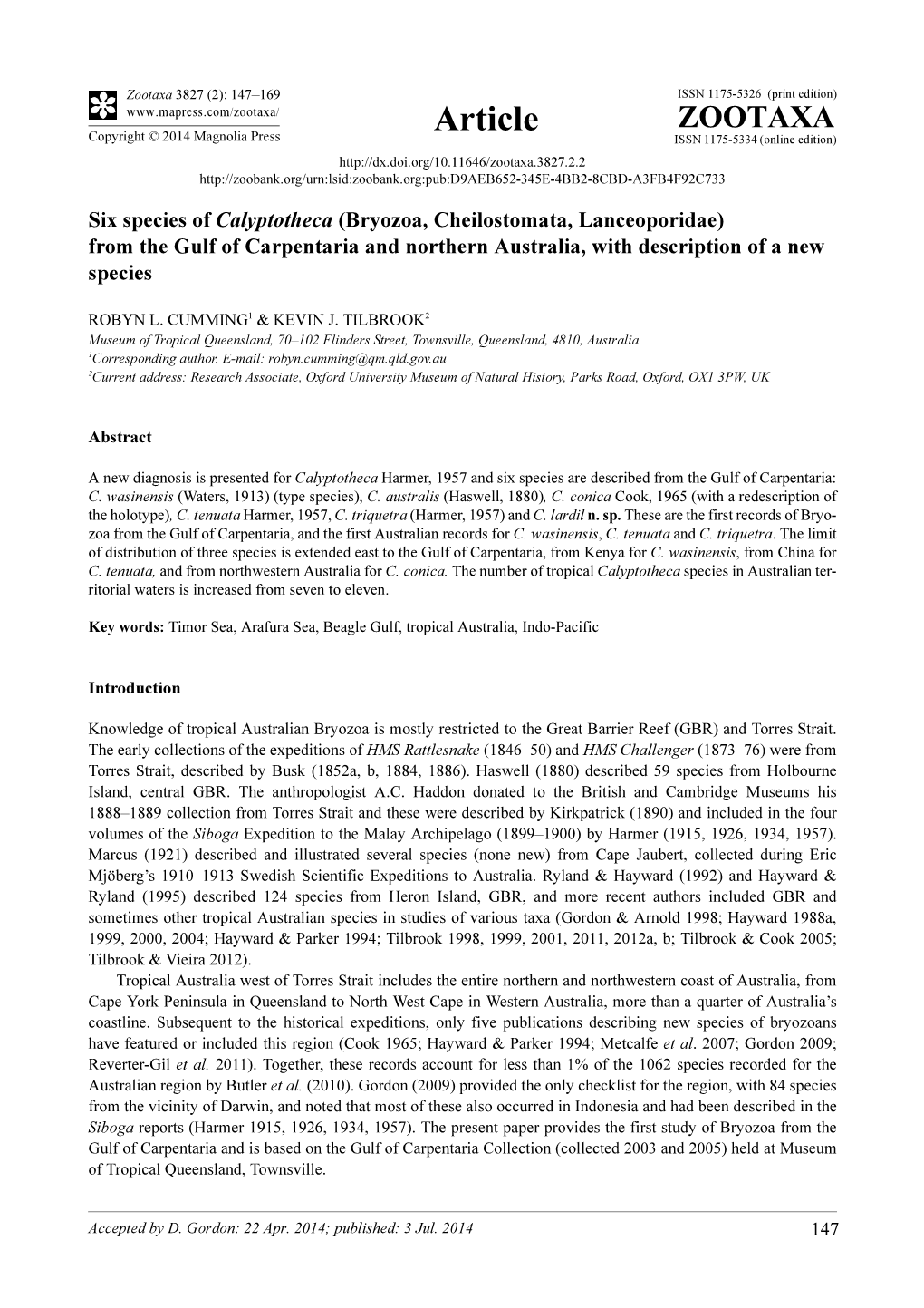 Bryozoa, Cheilostomata, Lanceoporidae) from the Gulf of Carpentaria and Northern Australia, with Description of a New Species