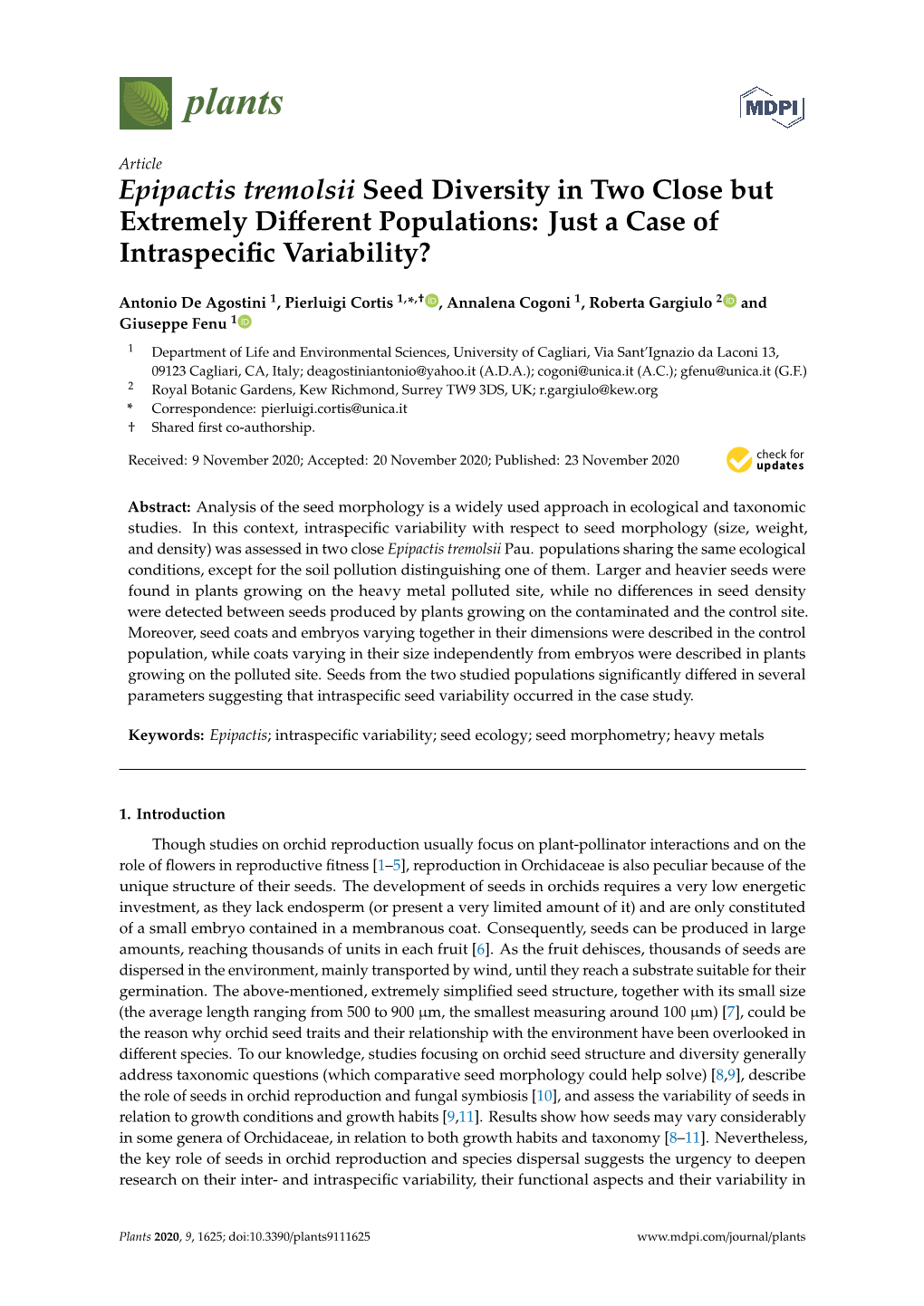 Epipactis Tremolsii Seed Diversity in Two Close but Extremely Diﬀerent Populations: Just a Case of Intraspeciﬁc Variability?