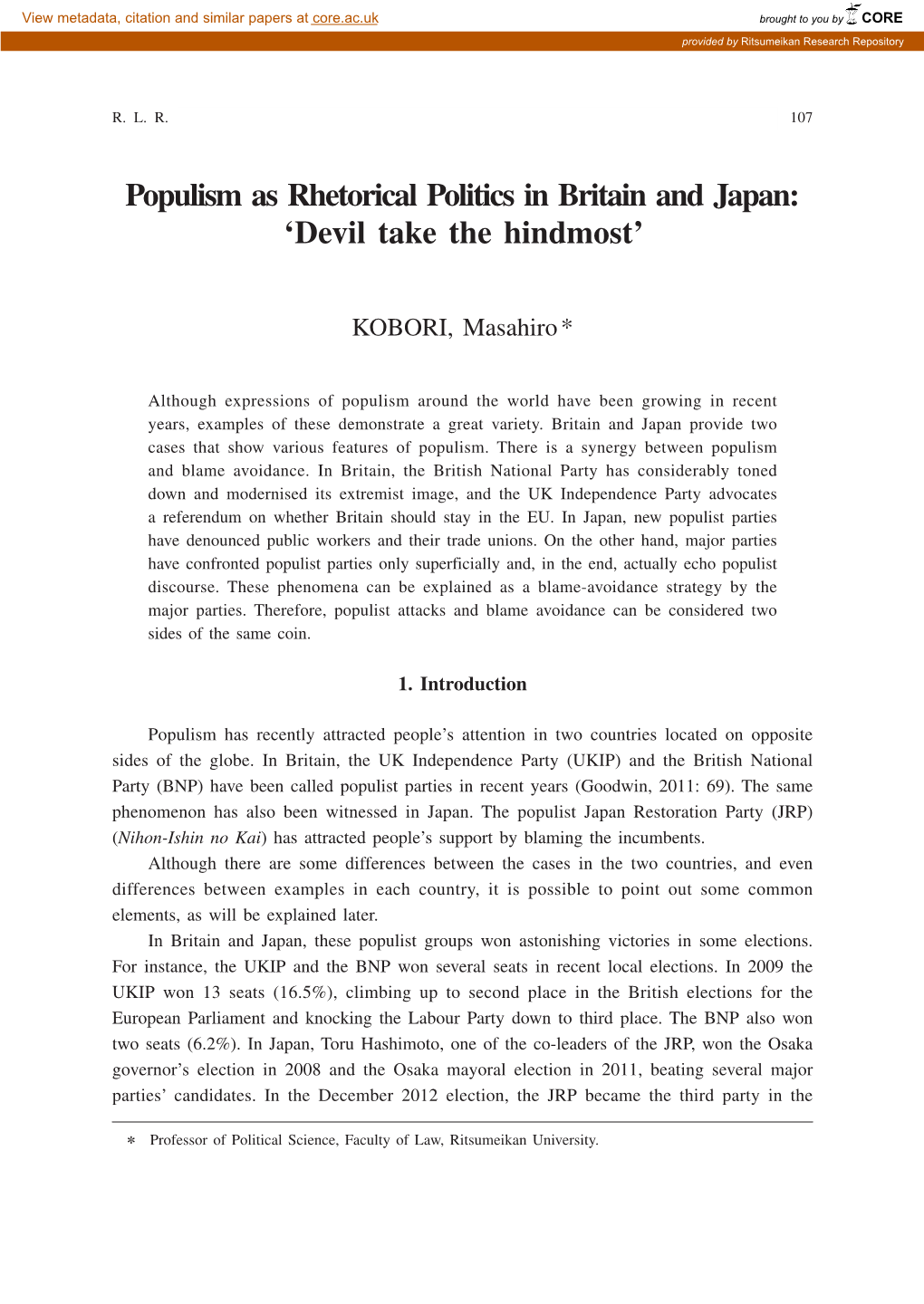 Populism As Rhetorical Politics in Britain and Japan 107