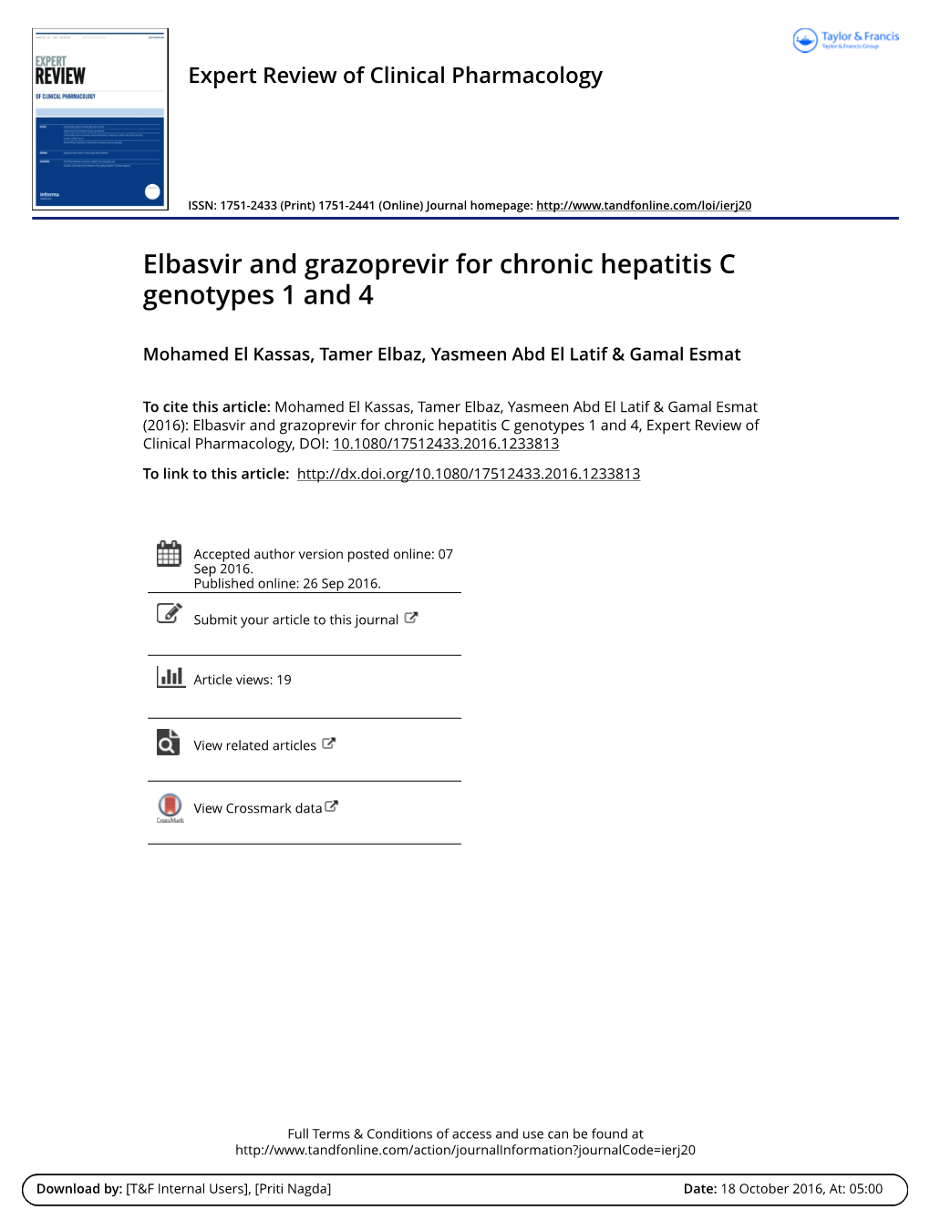 Elbasvir and Grazoprevir for Chronic Hepatitis C Genotypes 1 and 4