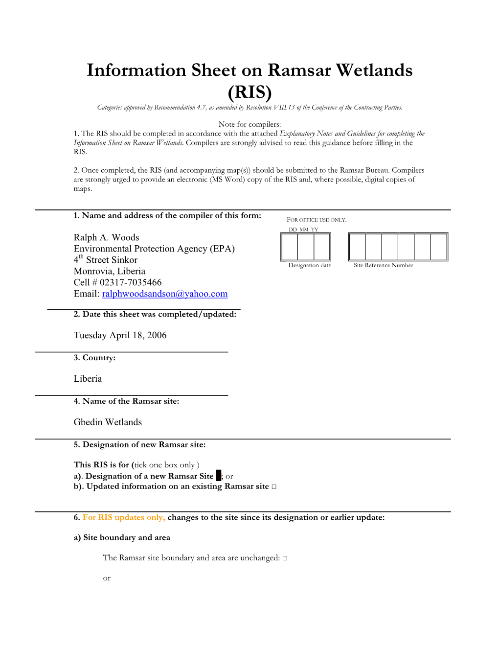 RIS) Categories Approved by Recommendation 4.7, As Amended by Resolution VIII.13 of the Conference of the Contracting Parties