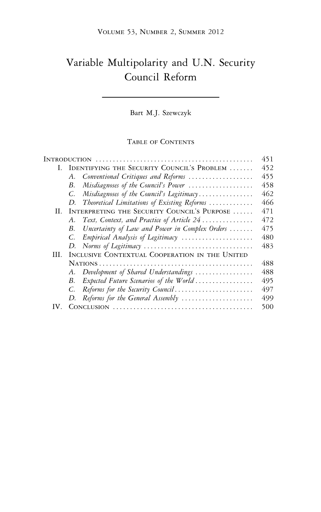 Variable Multipolarity and U.N. Security Council Reform