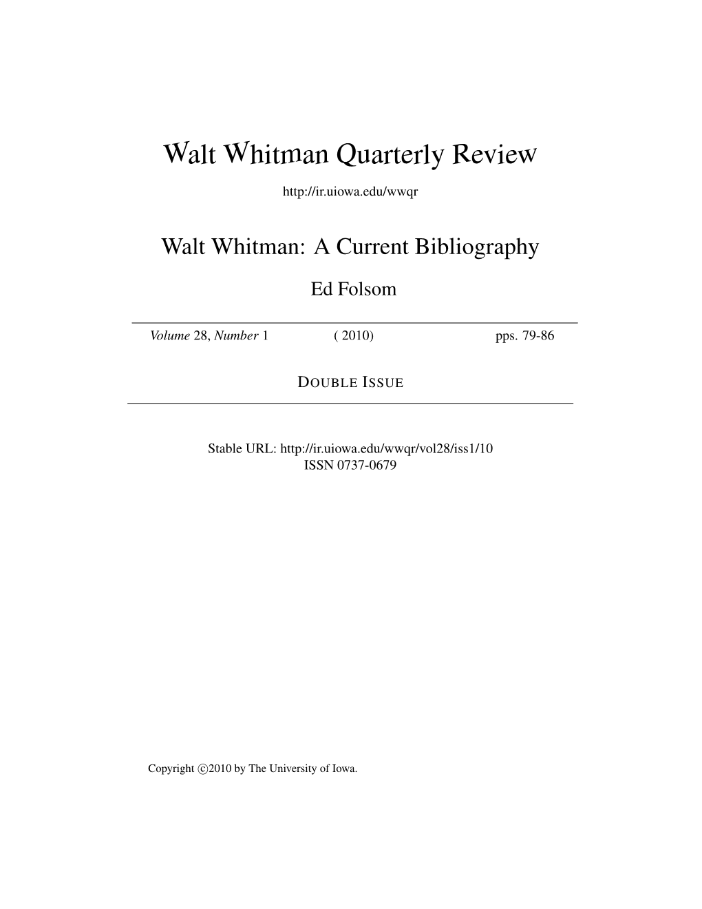 Walt Whitman: a Current Bibliography