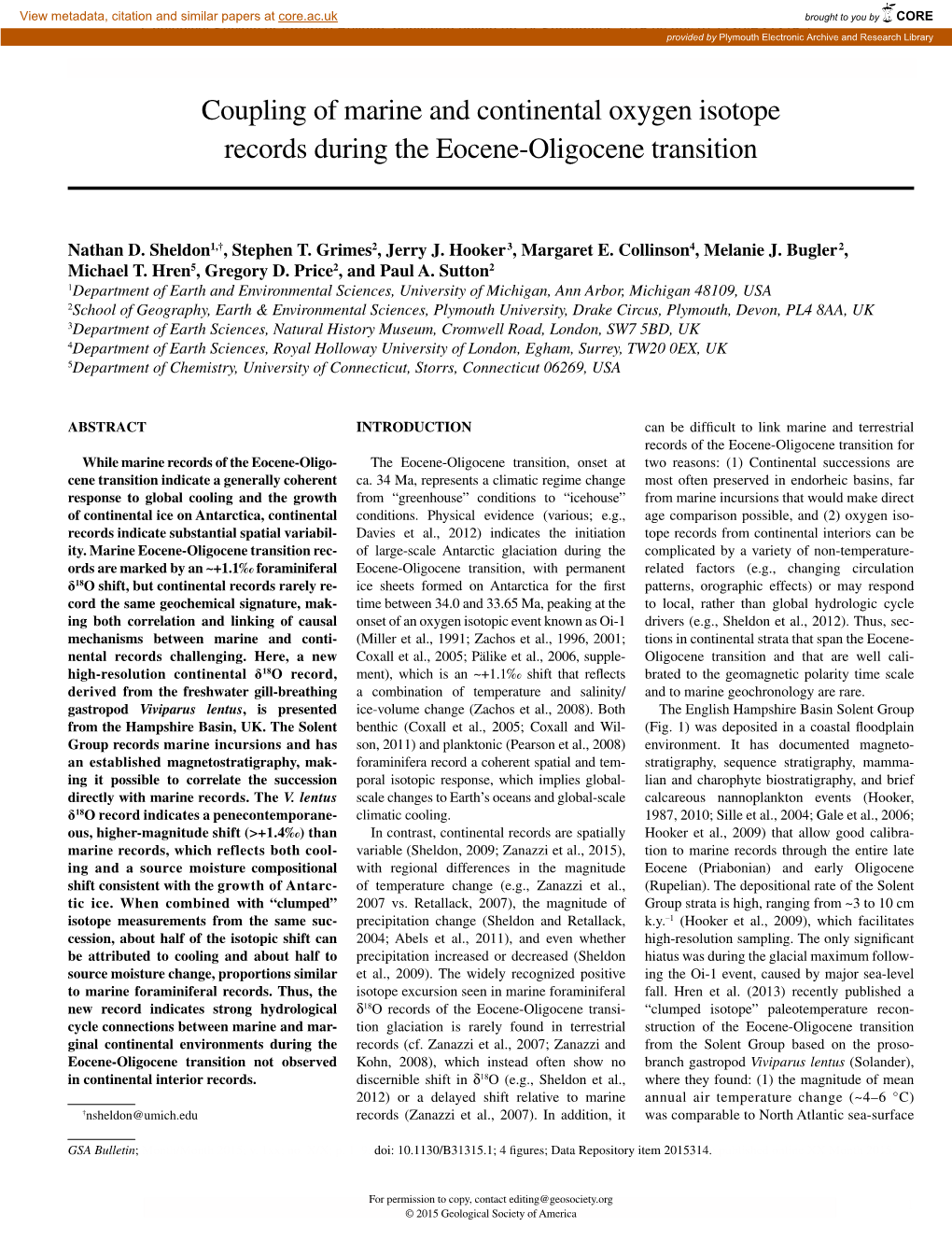 Coupling of Marine and Continental Oxygen Isotope Records During the Eocene-Oligocene Transition