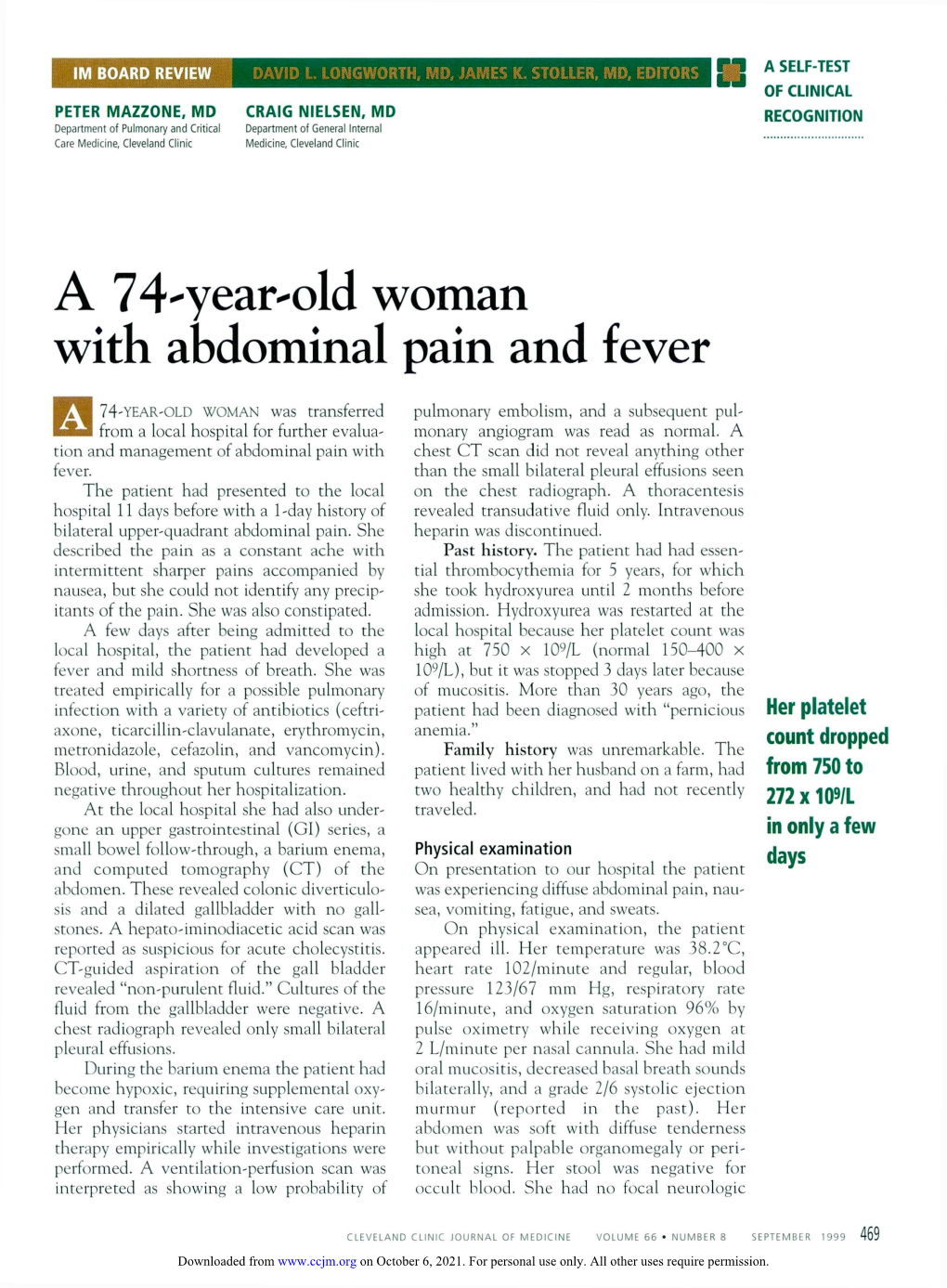 A 74-Year-Old Woman with Abdominal Pain and Fever