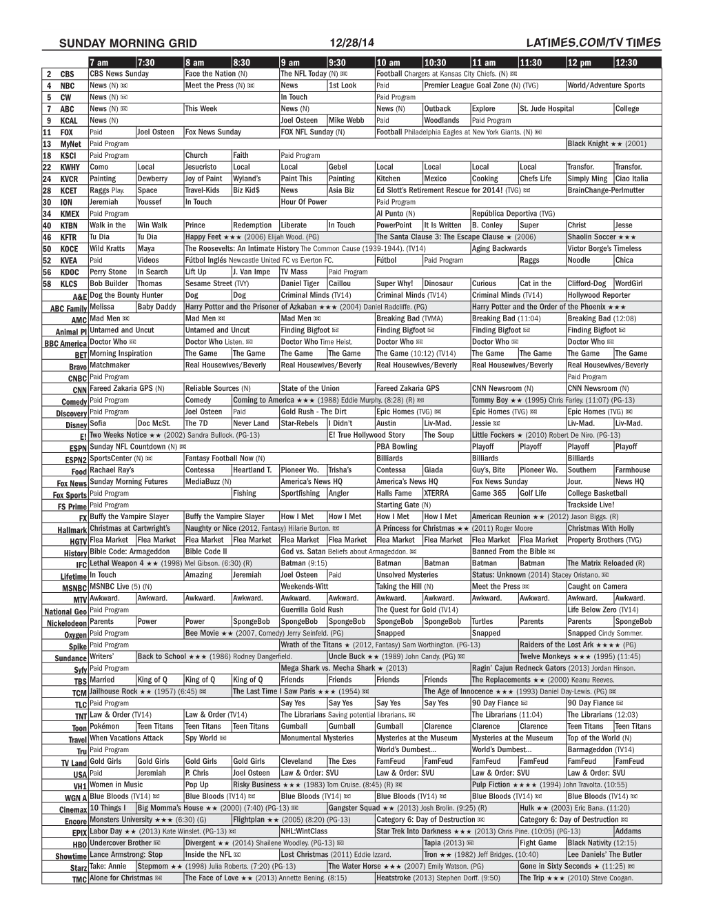 Sunday Morning Grid 12/28/14 Latimes.Com/Tv Times