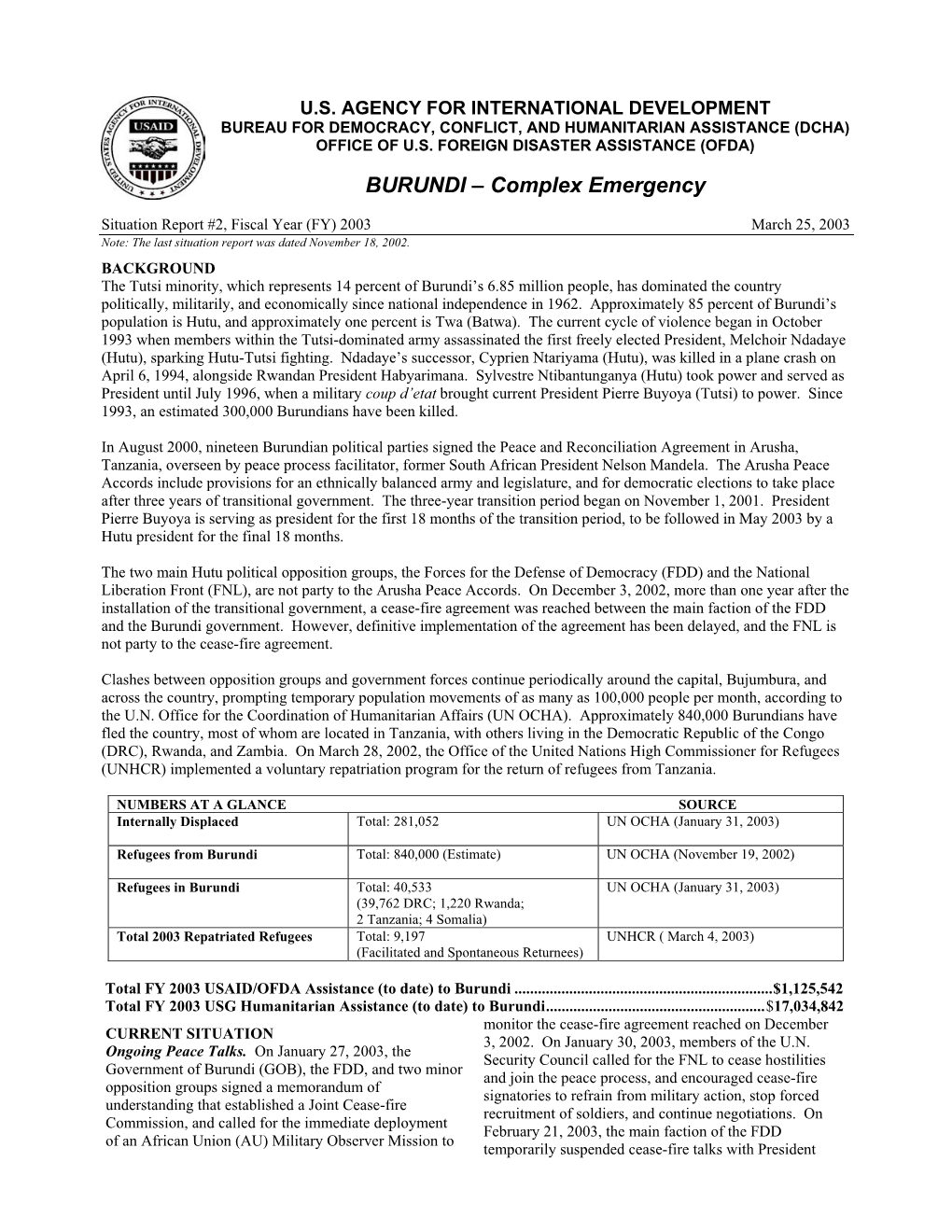 Situation Report #2, Fiscal Year (FY) 2003 March 25, 2003 Note: the Last Situation Report Was Dated November 18, 2002