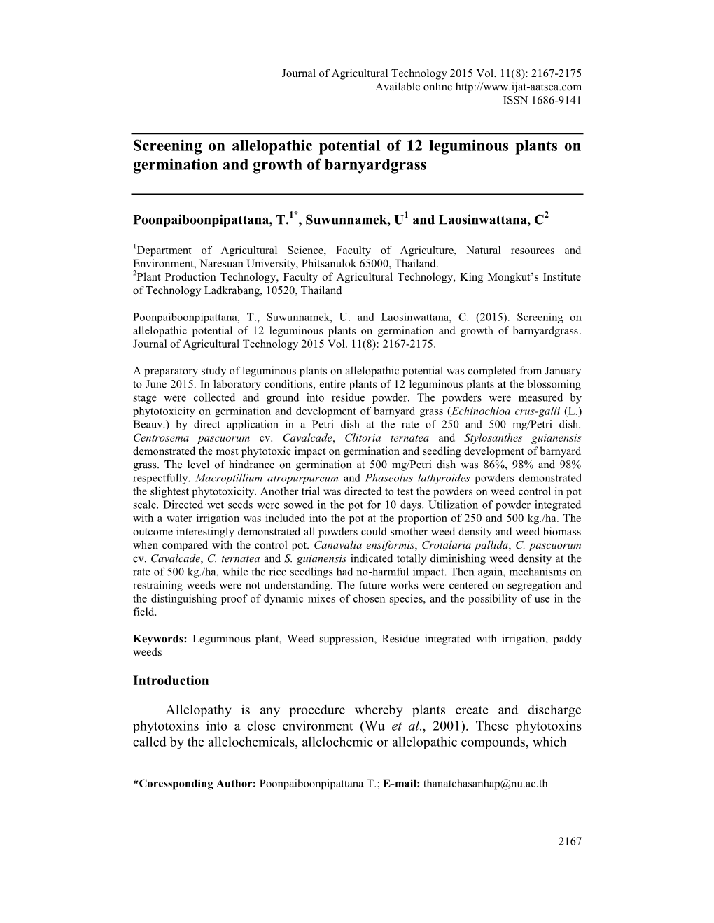 Screening on Allelopathic Potential of 12 Leguminous Plants on Germination and Growth of Barnyardgrass