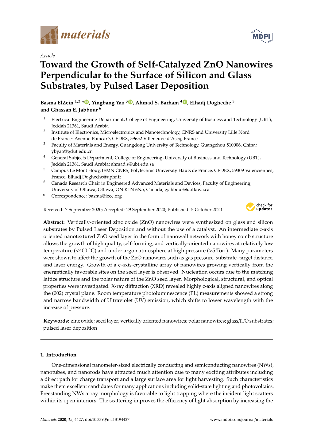 Toward the Growth of Self-Catalyzed Zno Nanowires Perpendicular to the Surface of Silicon and Glass Substrates, by Pulsed Laser Deposition