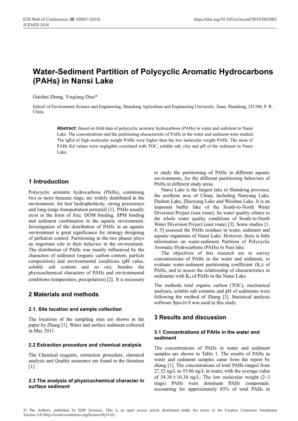 Water-Sediment Partition of Polycyclic Aromatic Hydrocarbons (Pahs) in Nansi Lake