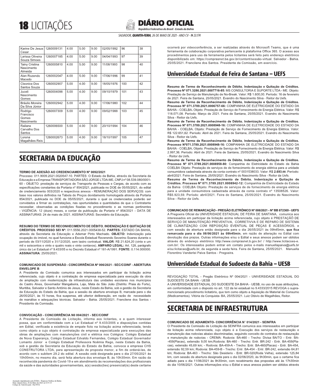 LICITAÇÕES República Federativa Do Brasil - Estado Da Bahia SALVADOR, QUARTA-FEIRA, 26 DE MAIO DE 2021 - ANO CV - No 23.174