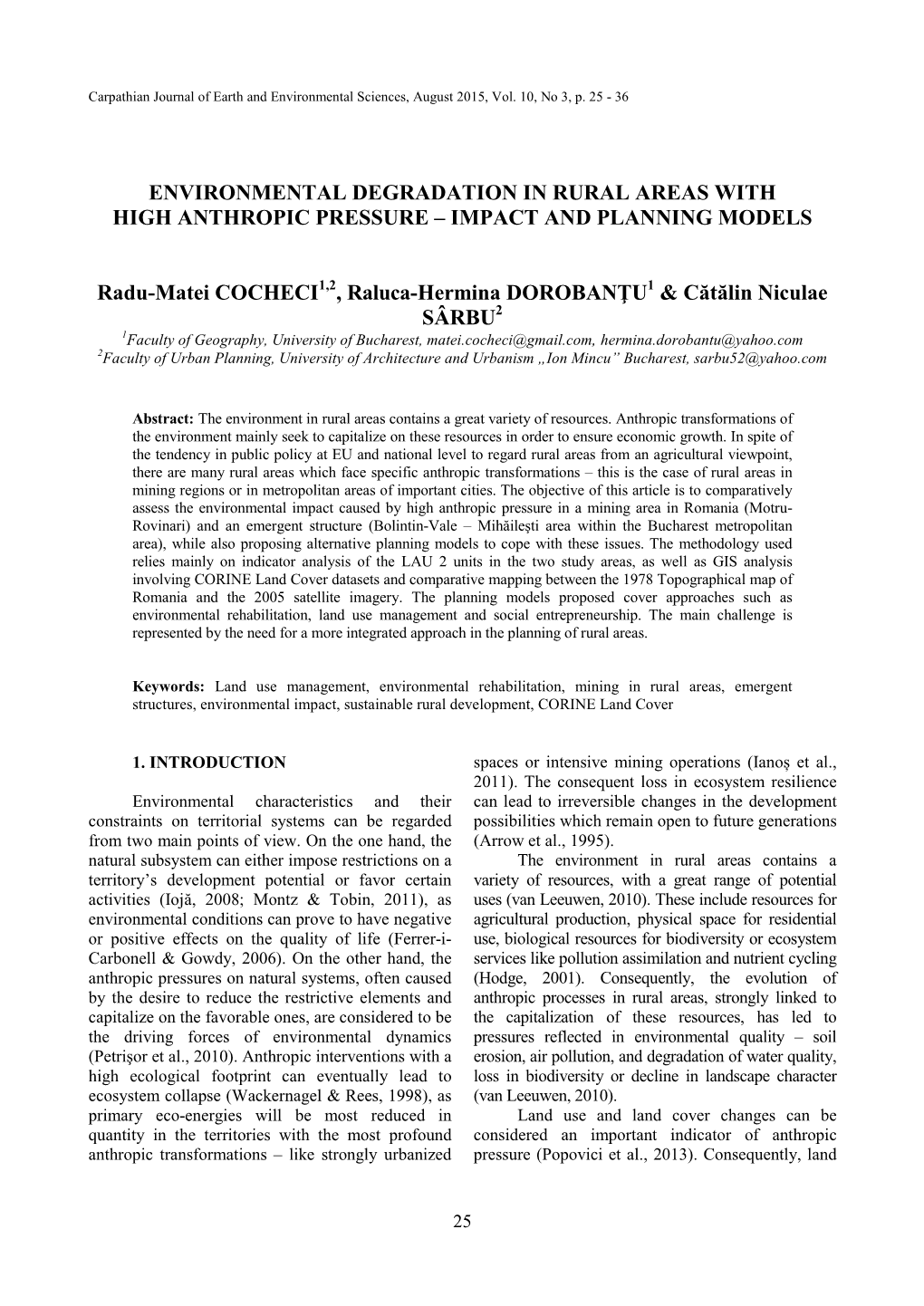 Environmental Degradation in Rural Areas with High Anthropic Pressure – Impact and Planning Models