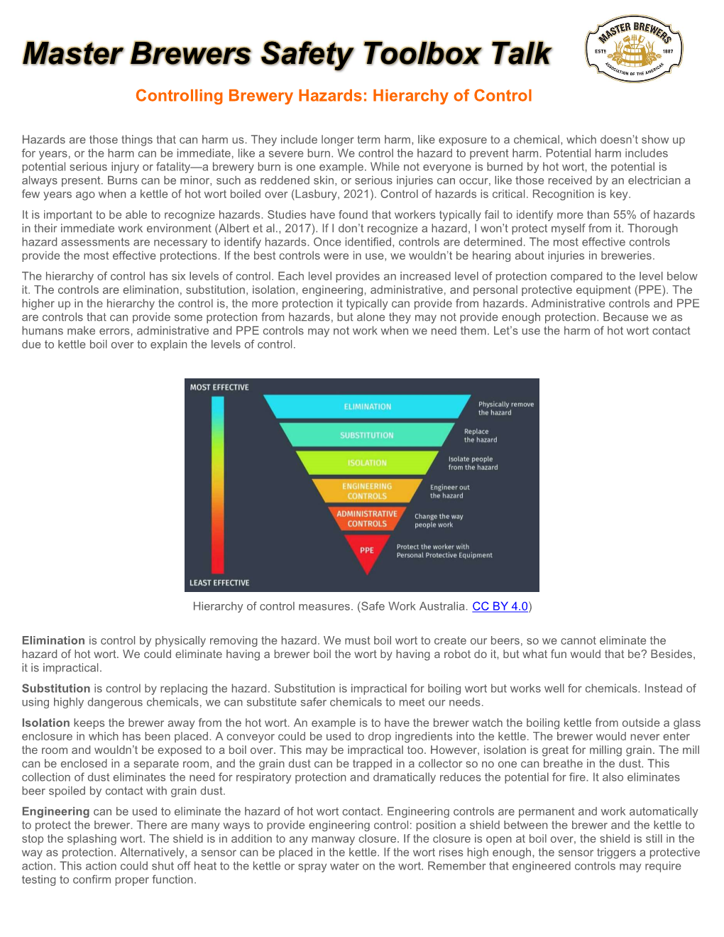 Controlling Brewery Hazards: Hierarchy of Control