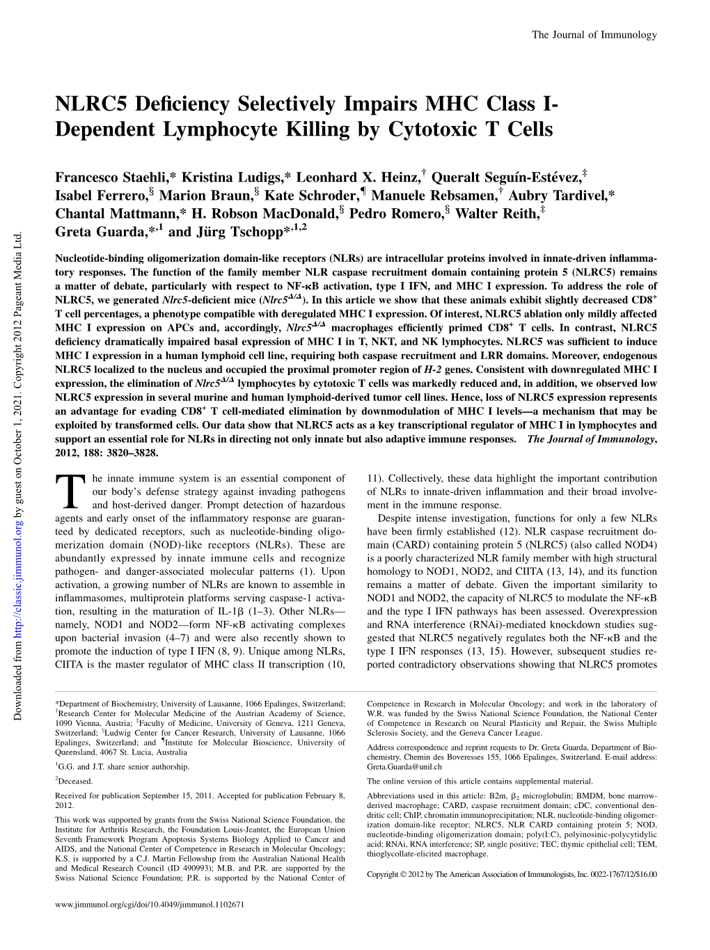 Cytotoxic T Cells Class I- Dependent Lymphocyte Killing by NLRC5 Deficiency Selectively Impairs