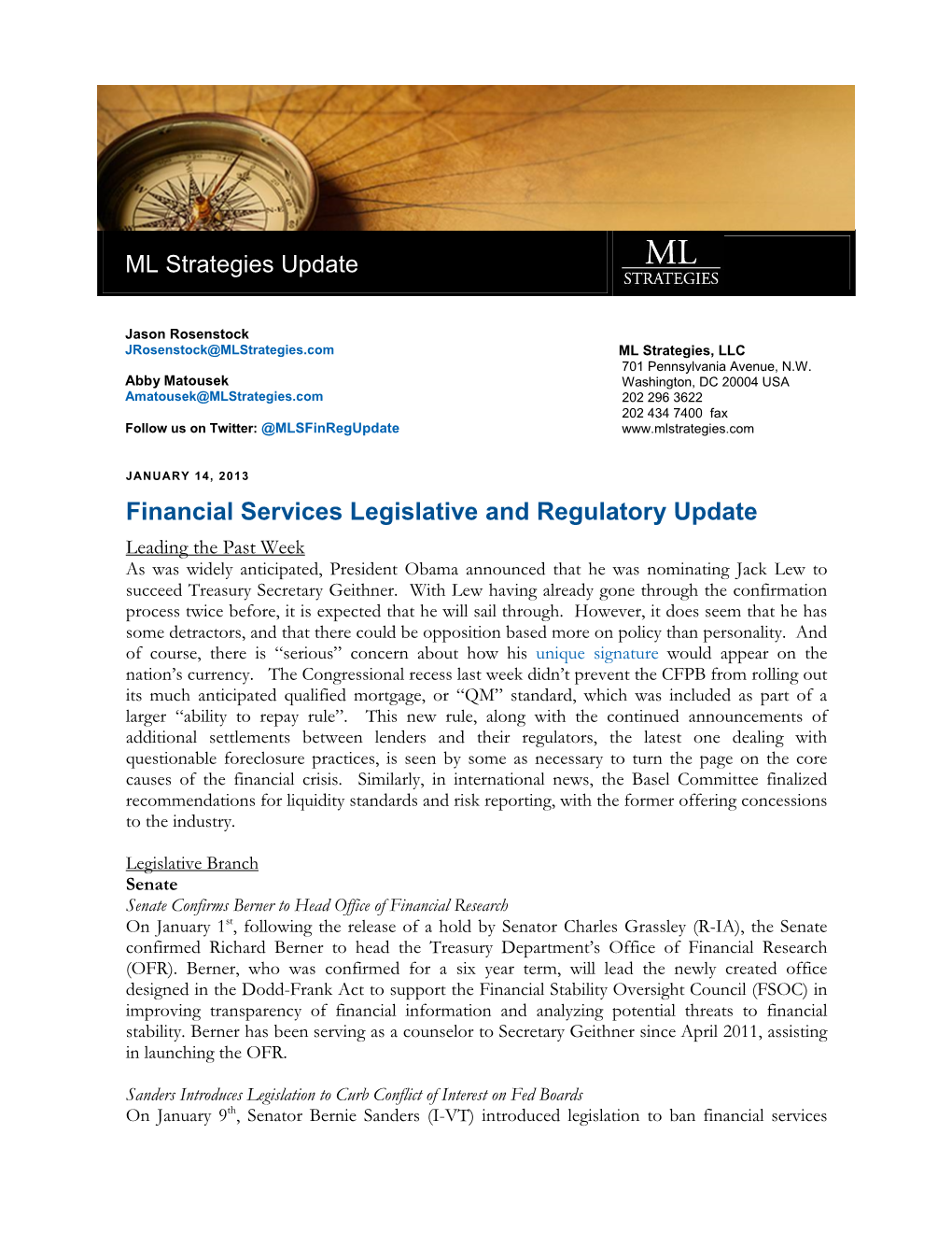 ML Strategies Update Financial Services Legislative and Regulatory Update