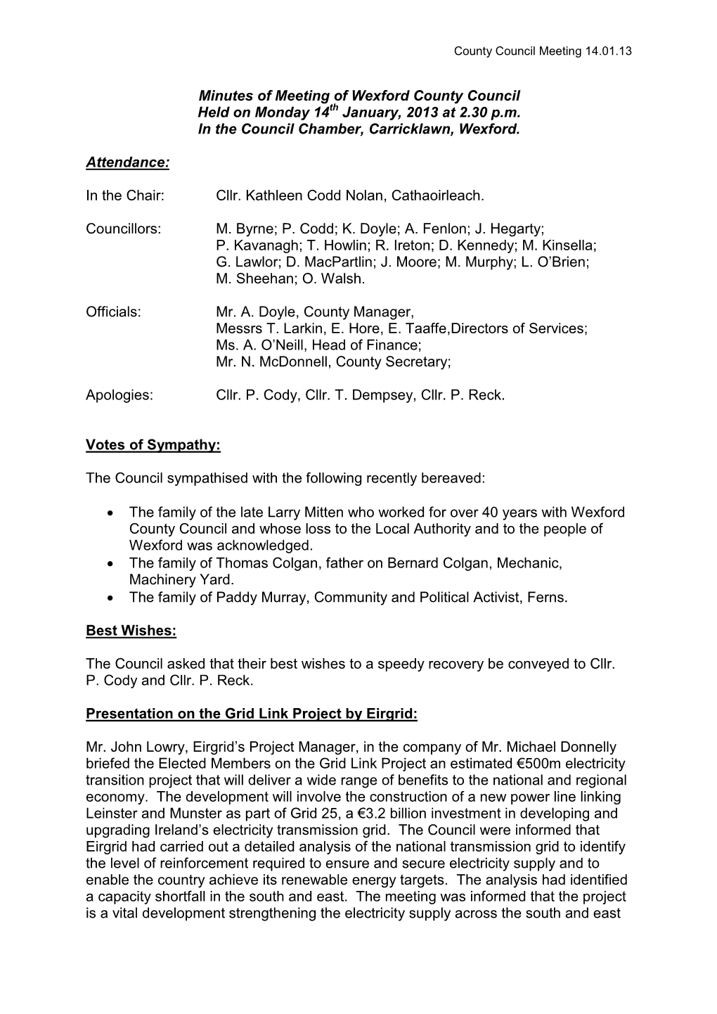 Minutes of Meeting of Wexford County Council Held on Monday 14Th January, 2013 at 2.30 P.M