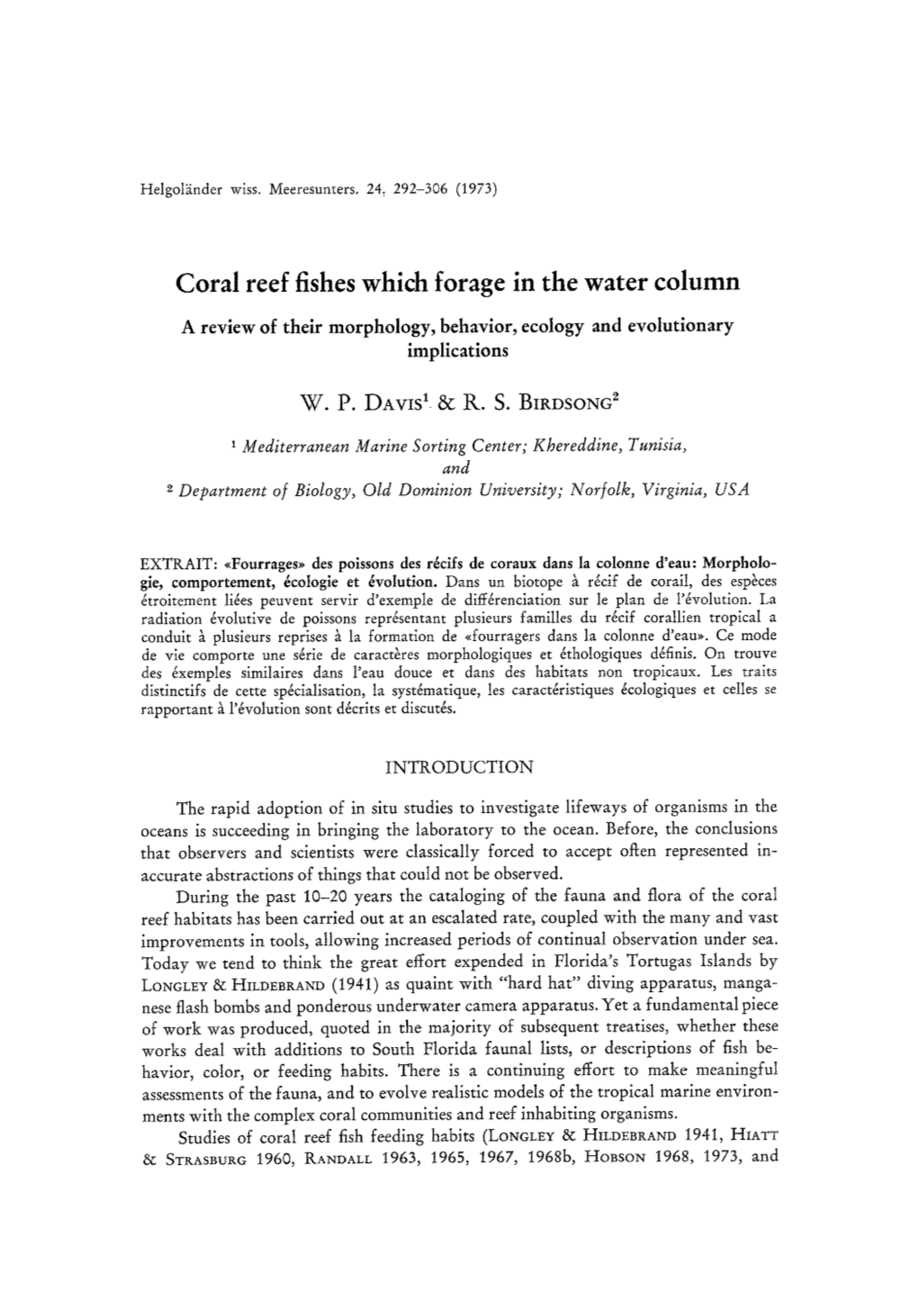 Coral Reef Fishes Which Forage in the Water Column