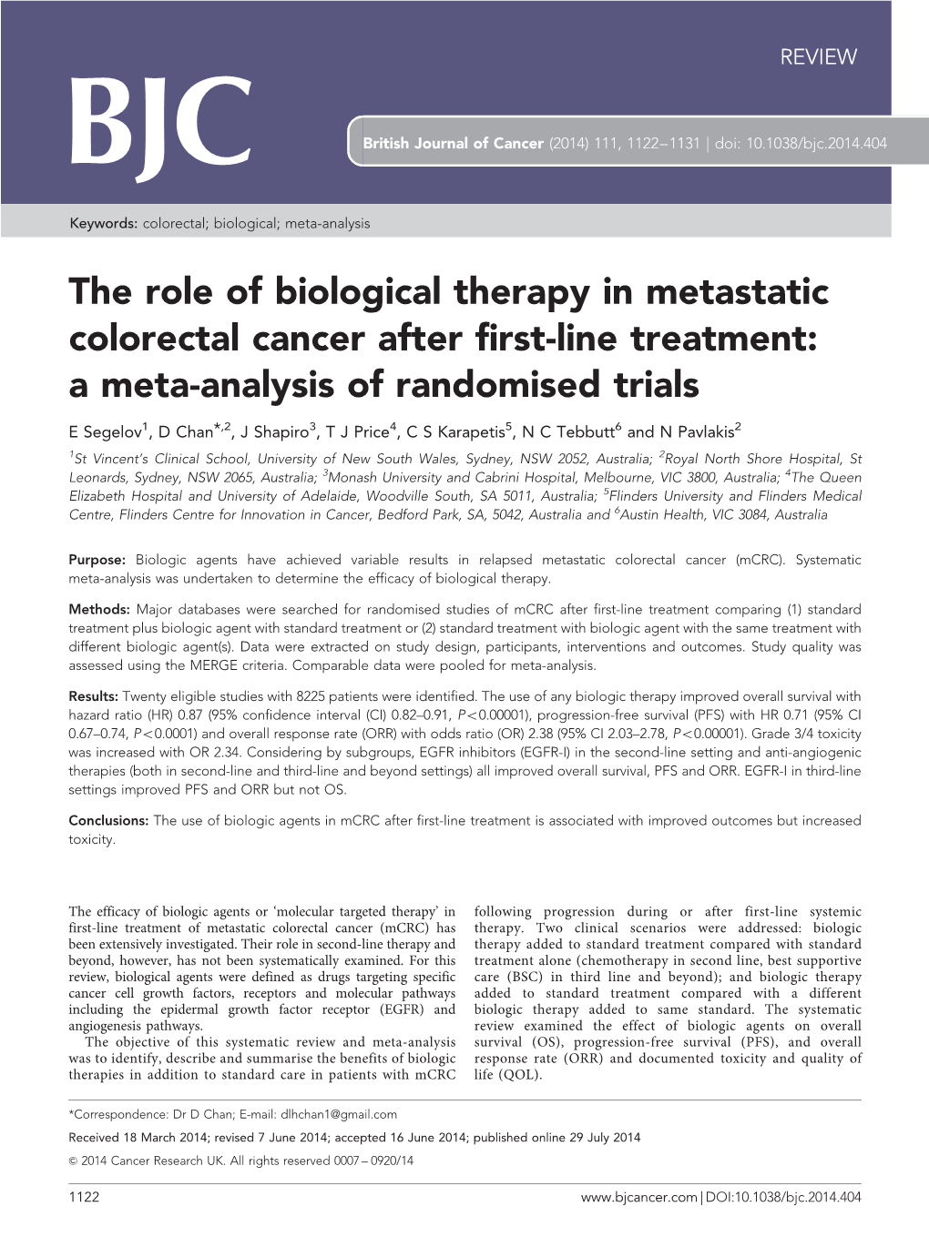 The Role of Biological Therapy in Metastatic Colorectal Cancer After First-Line Treatment: a Meta-Analysis of Randomised Trials